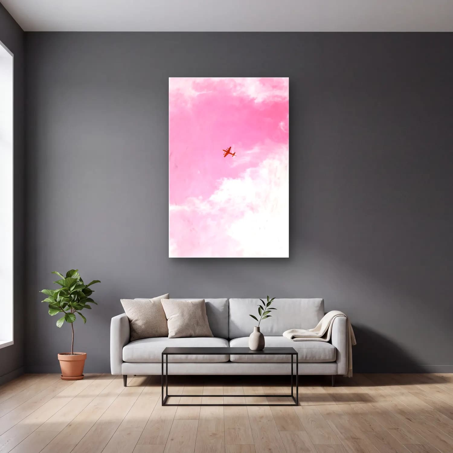 Pastel Uçak – Pembe Tonlar cam tablo — gri duvarlı salonda