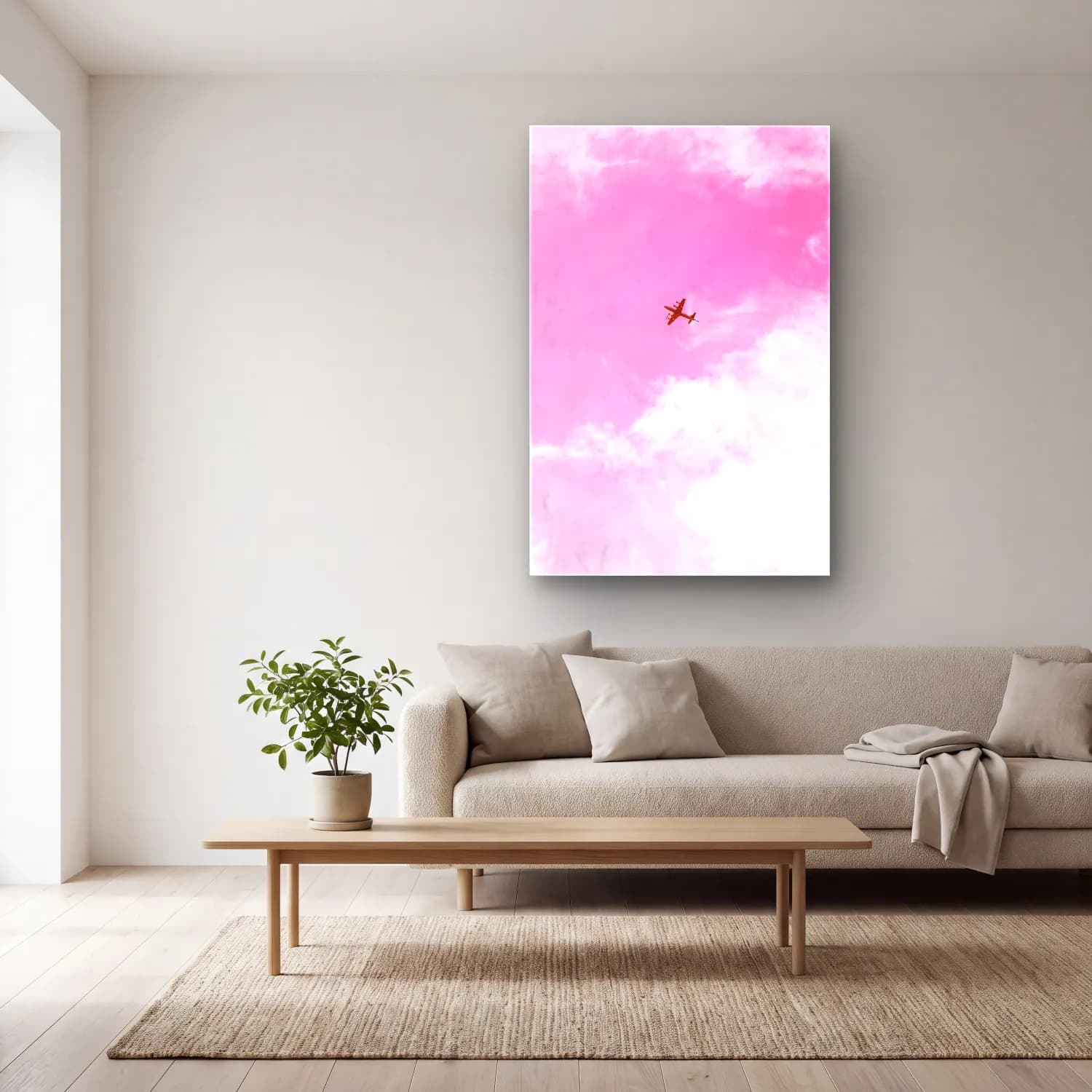 Pastel Uçak – Pembe Tonlar cam tablo — açık renk salonda