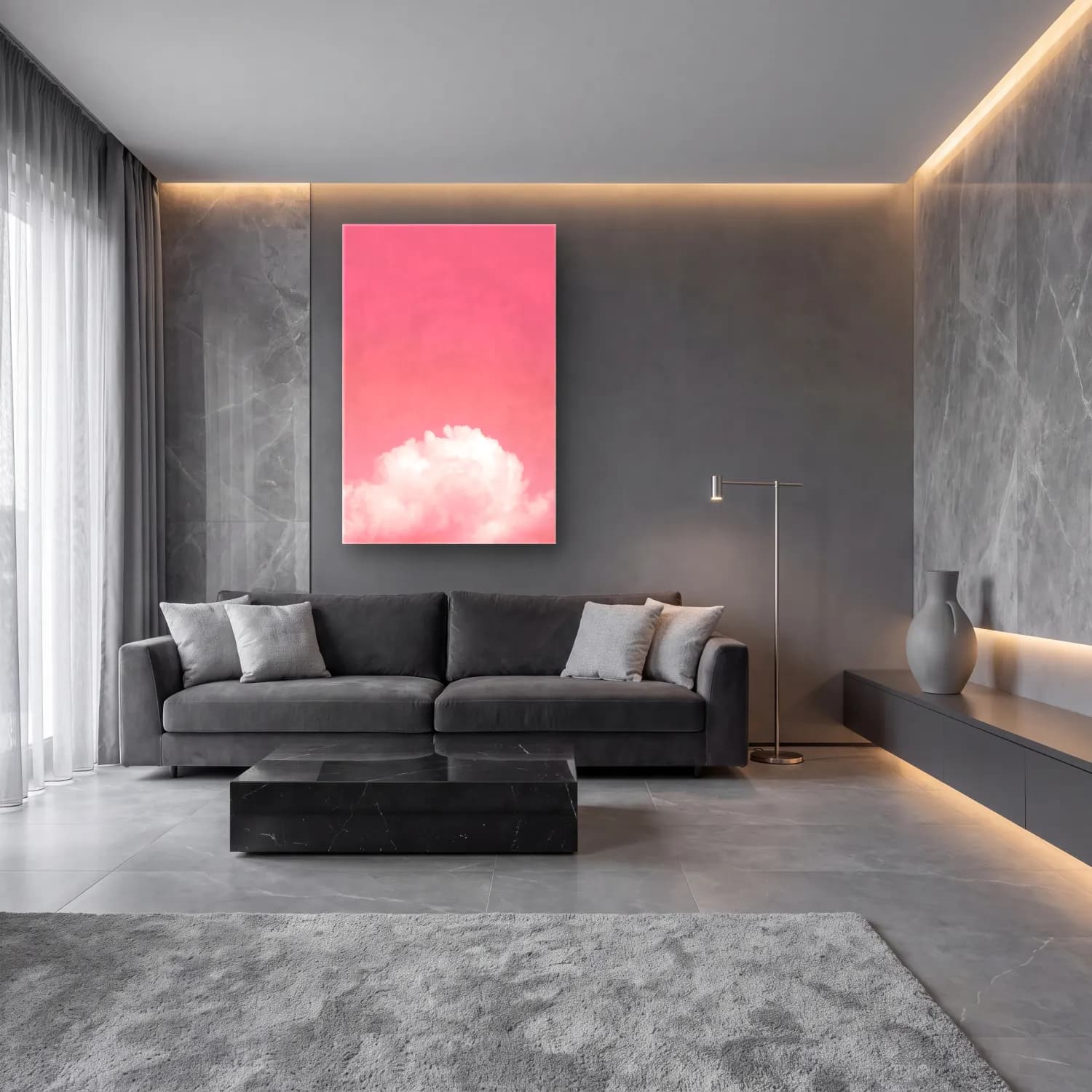 Pastel Bulutlu Gökyüzü No. 5 cam tablo — lüks salon duvarında