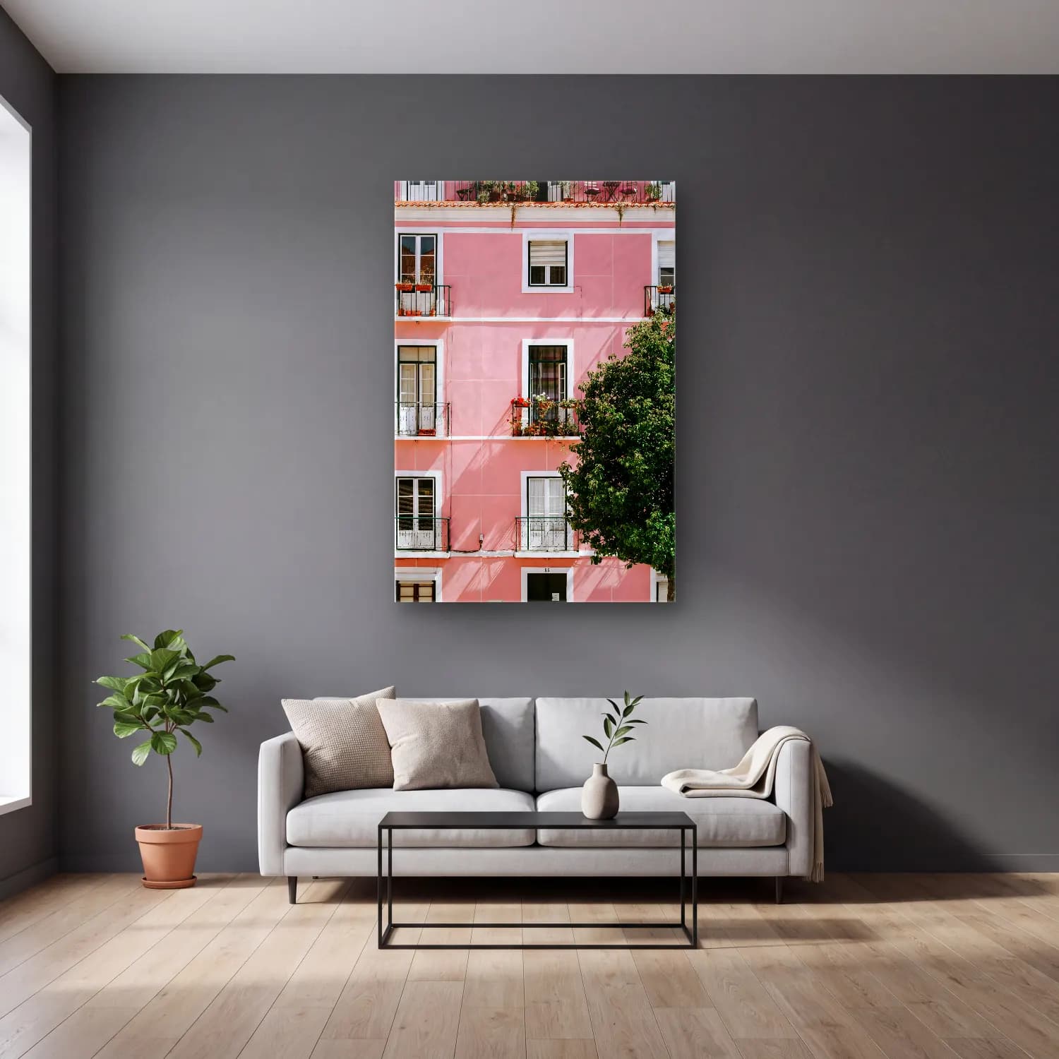 Pastel Pencereden Manzara No. 8 cam tablo — gri duvarlı salonda
