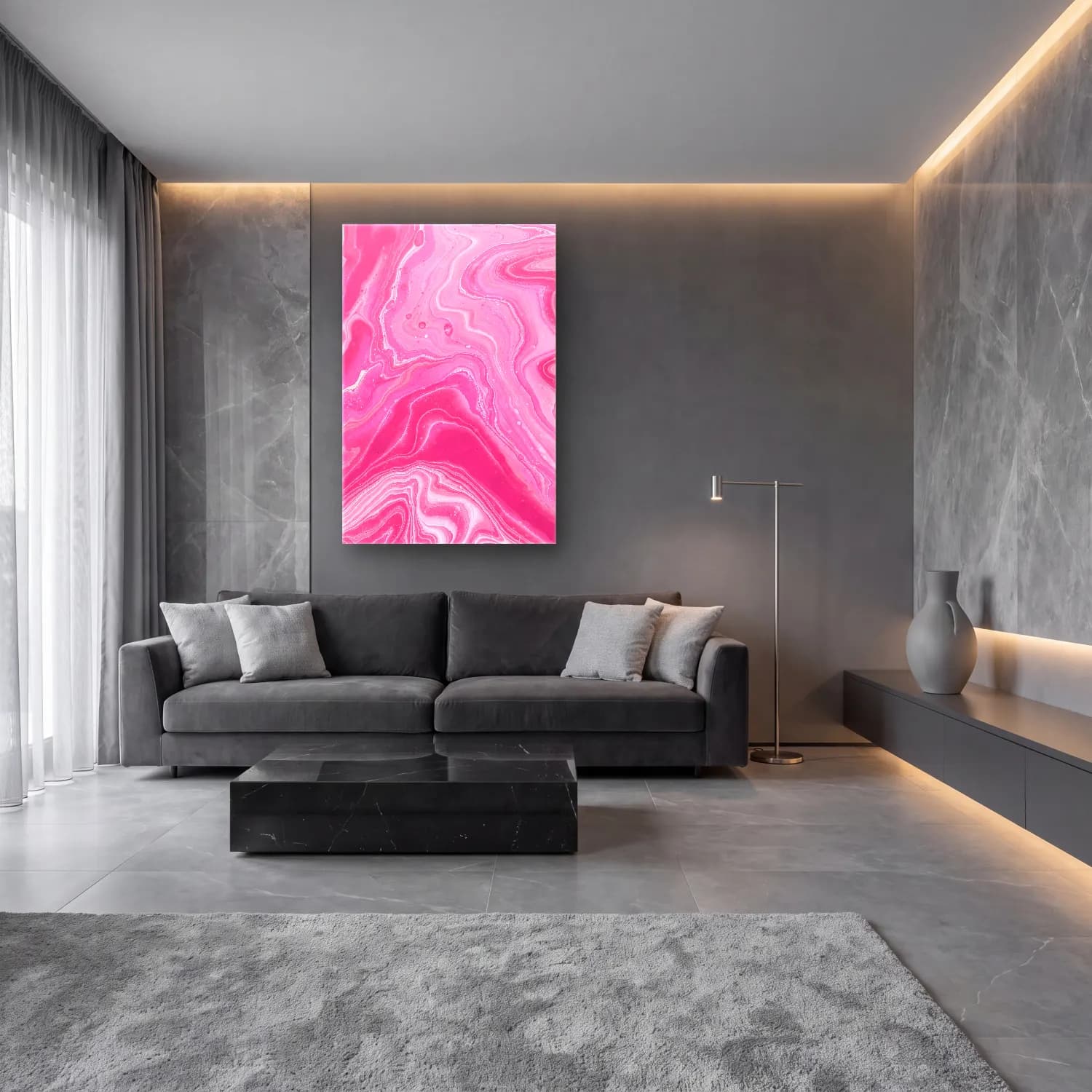 Pastel Mermer Doku No. 24 cam tablo — lüks salon duvarında