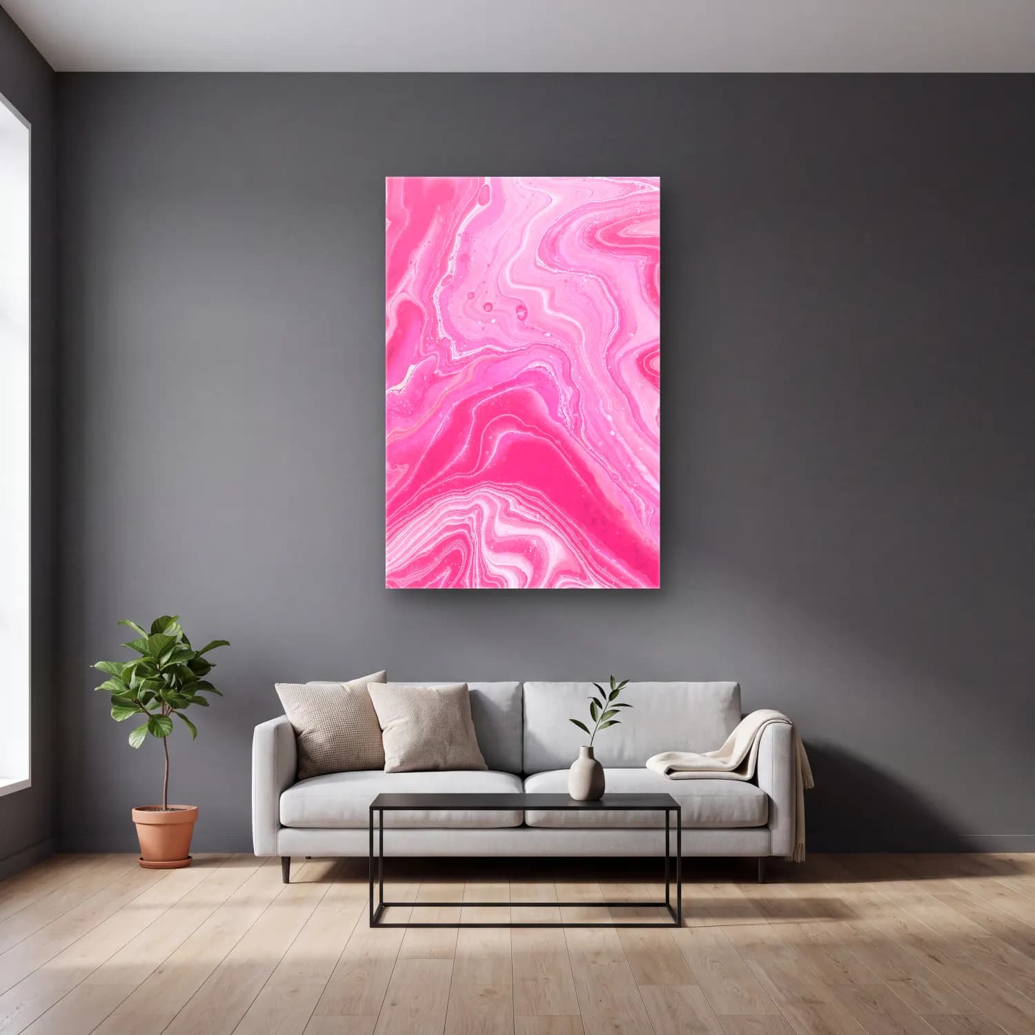 Pastel Mermer Doku No. 24 cam tablo — gri duvarlı salonda