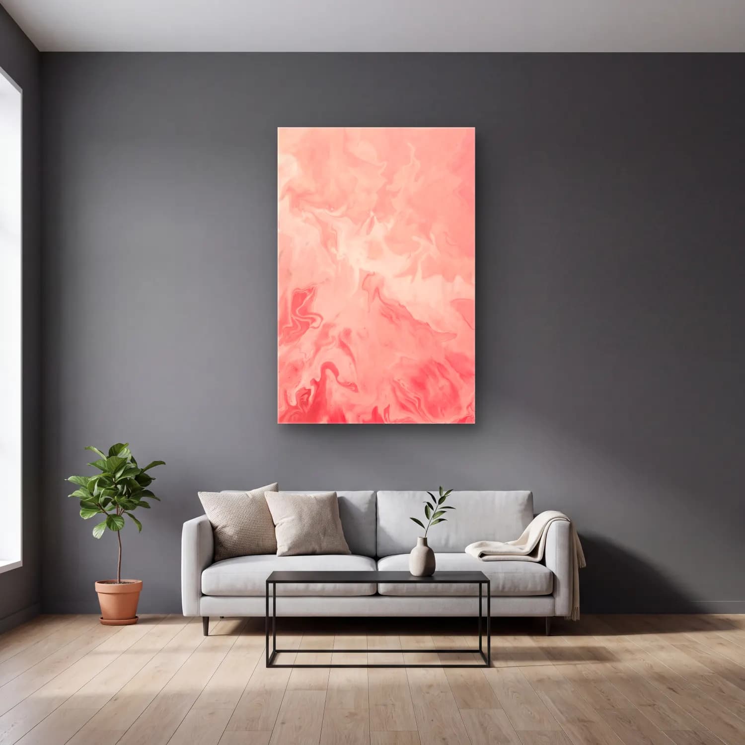 Pastel Mermer Doku No. 25 cam tablo — gri duvarlı salonda