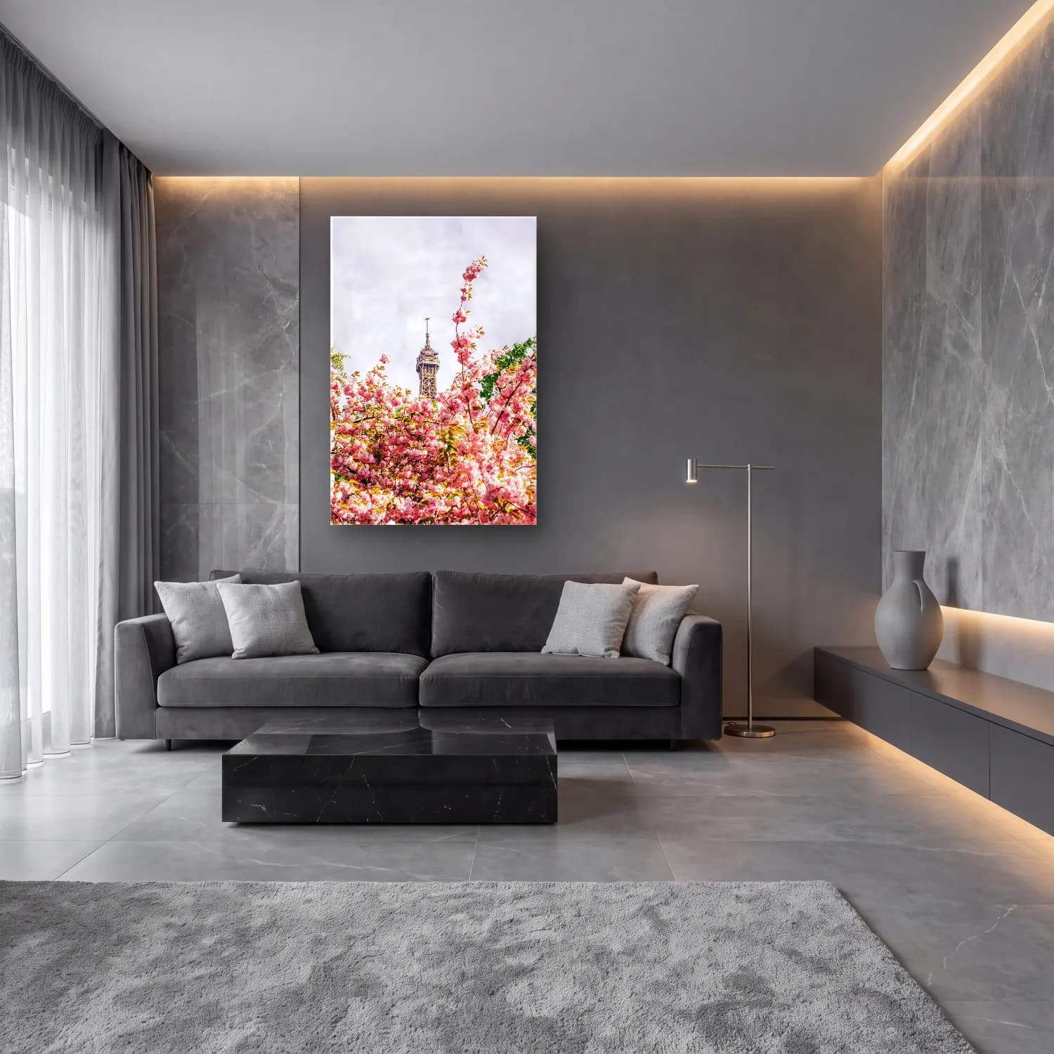 Pastel Paris ve Eyfel Kulesi No. 4 cam tablo — lüks salon duvarında