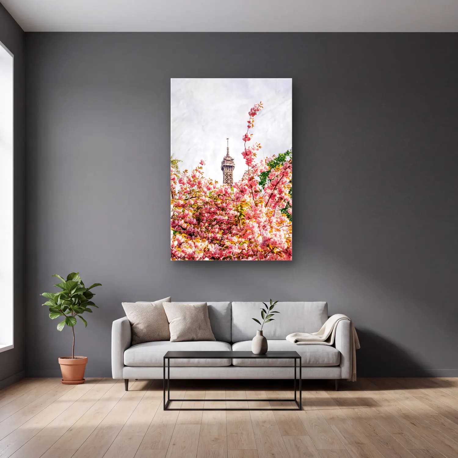 Pastel Paris ve Eyfel Kulesi No. 4 cam tablo — gri duvarlı salonda