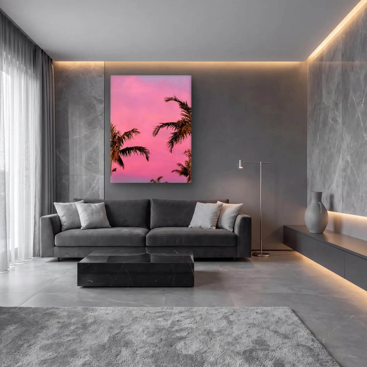 Pastel Palmiyeli Tropik Sahil No. 31 cam tablo — lüks salon duvarında