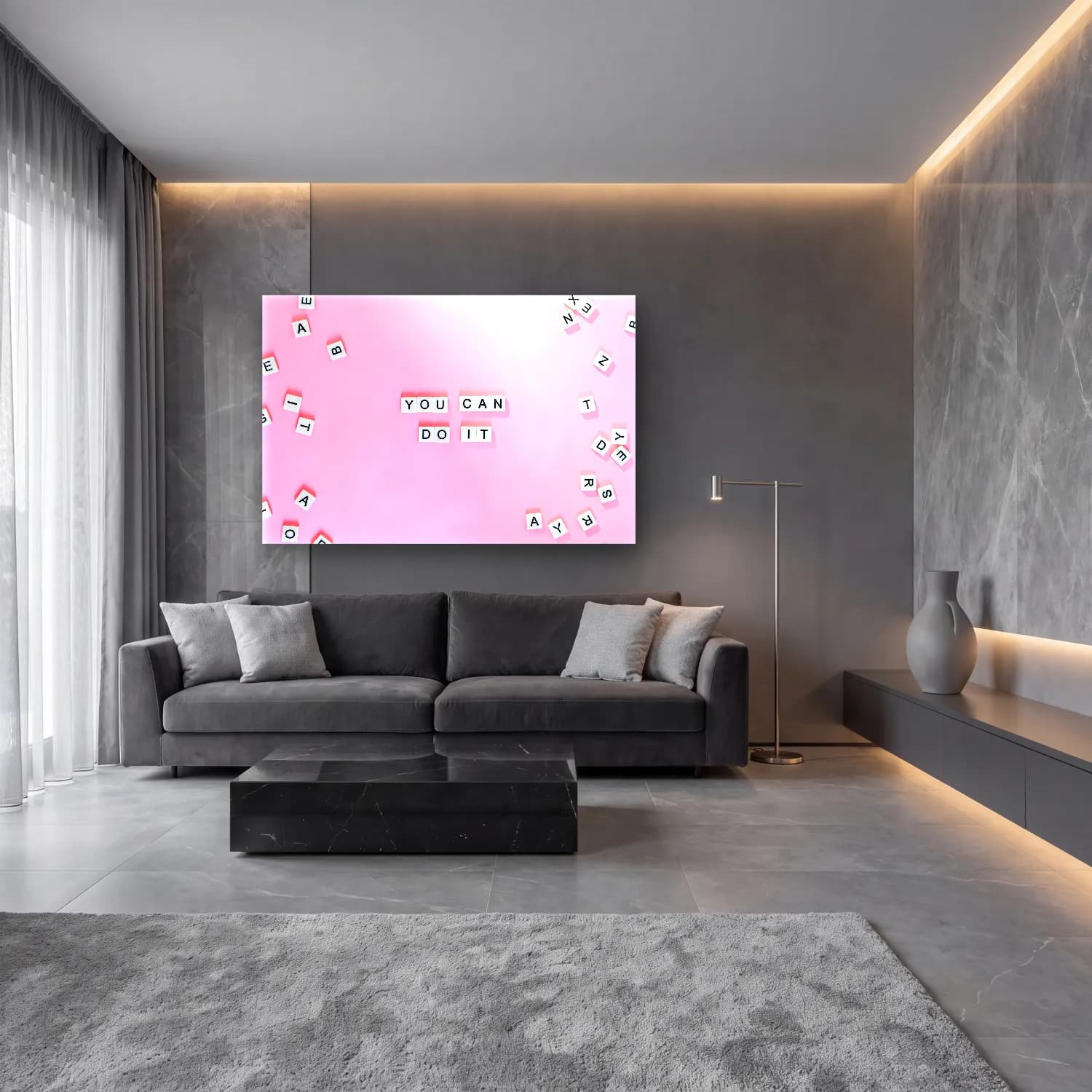 Pastel Yazılı Tasarım No. 67 cam tablo — lüks salon duvarında