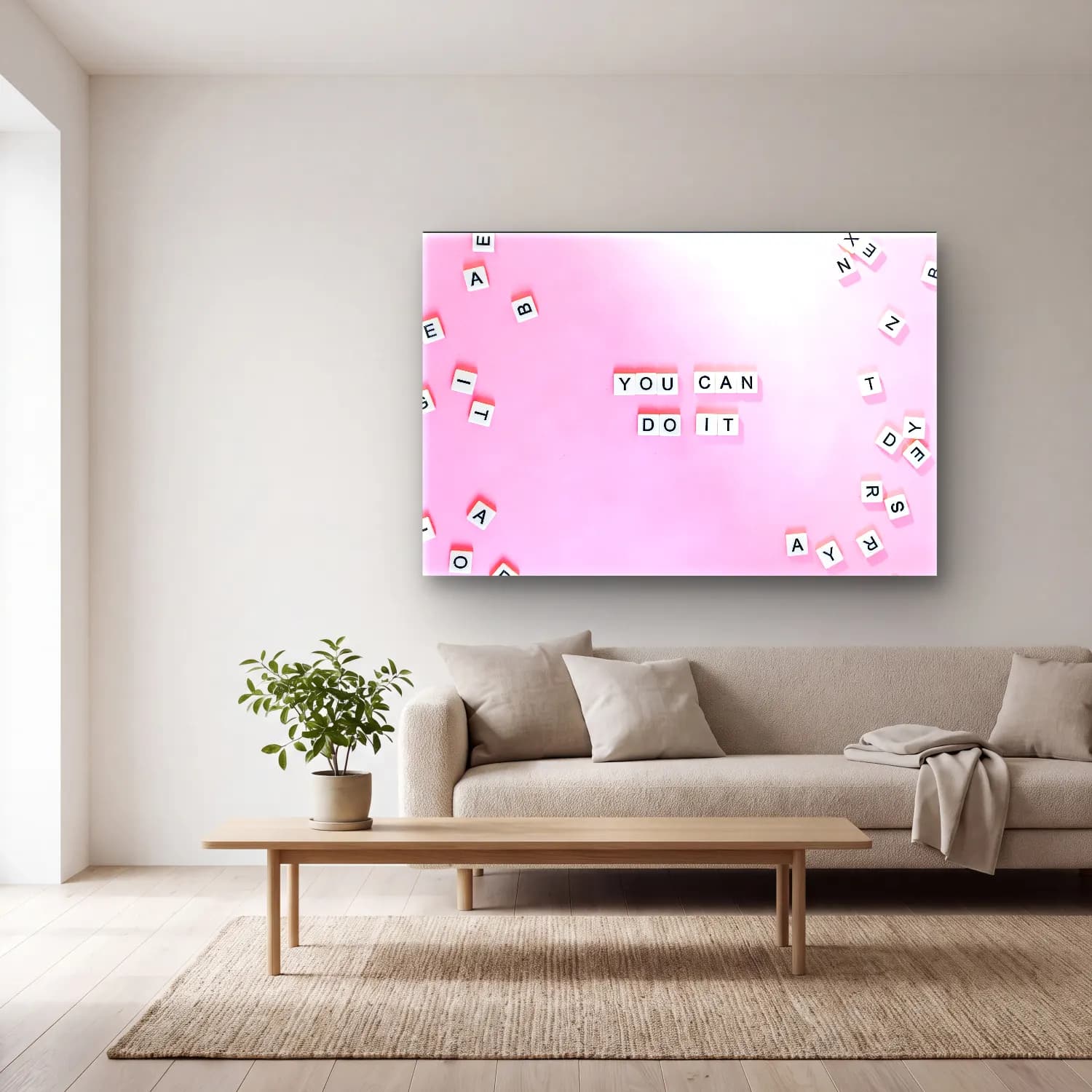 Pastel Yazılı Tasarım No. 67 cam tablo — açık renk salonda