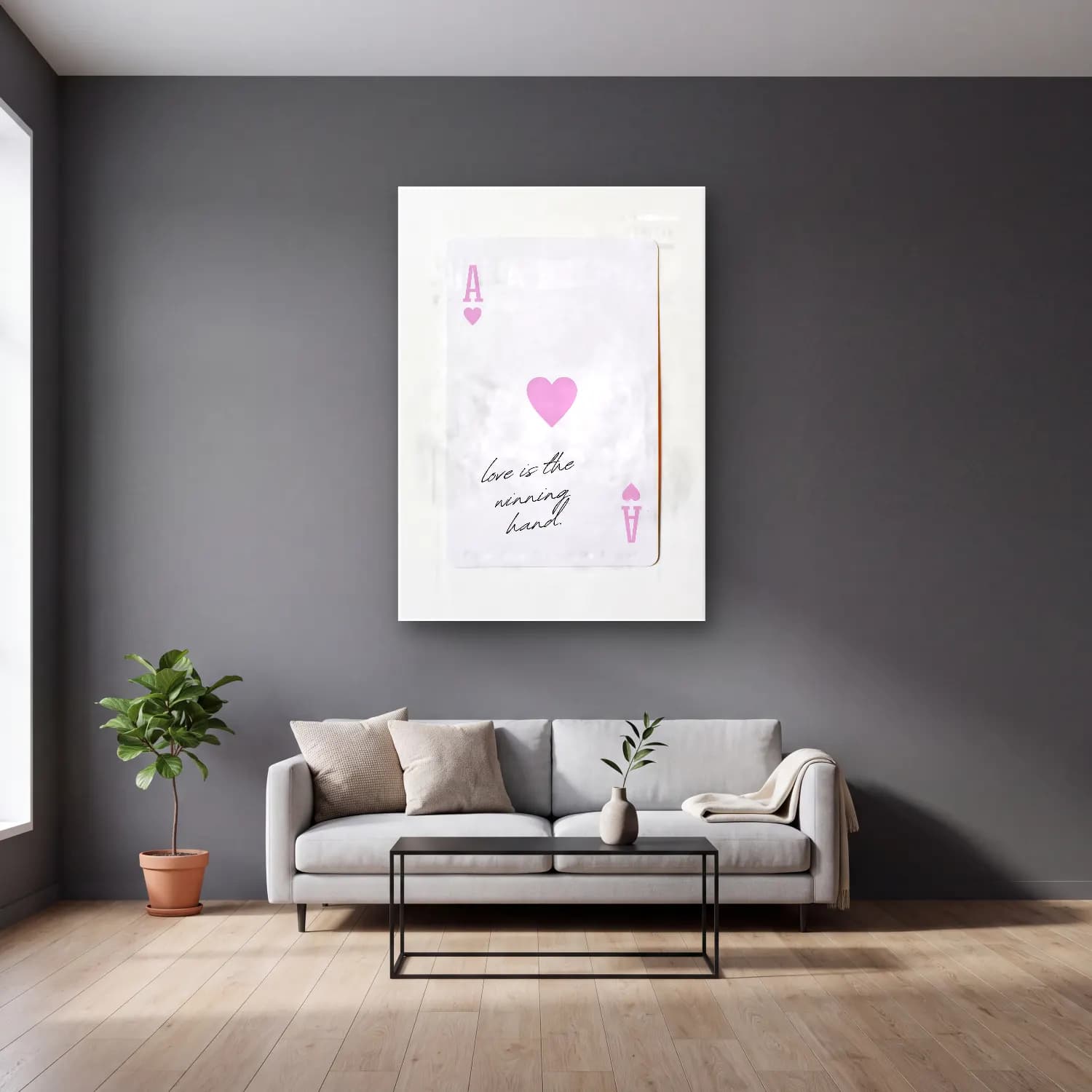 Pastel Söz Posteri No. 56 cam tablo — gri duvarlı salonda