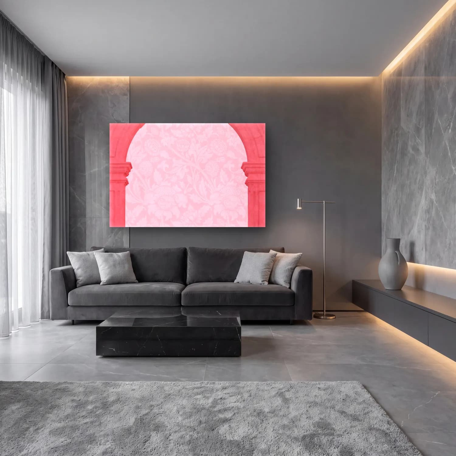 Pastel Çiçek Deseni No. 205 cam tablo — lüks salon duvarında