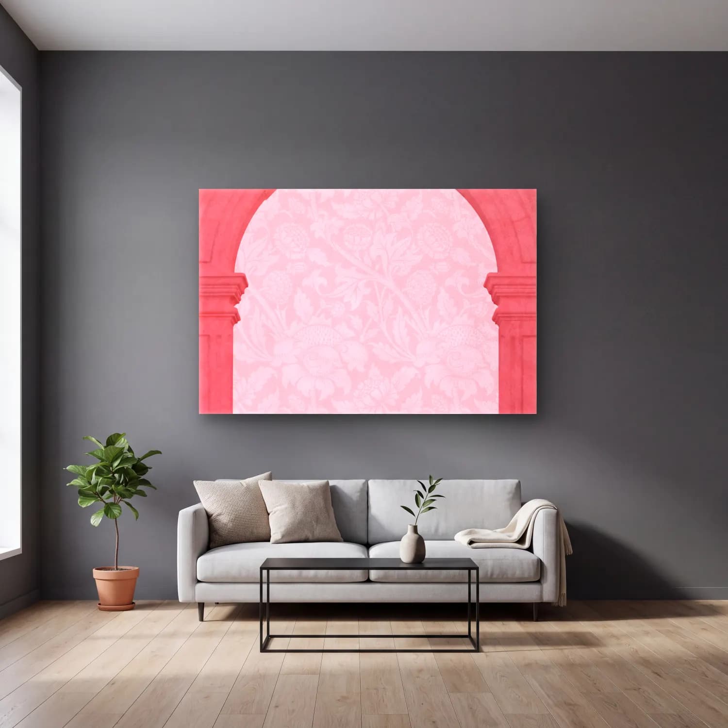 Pastel Çiçek Deseni No. 205 cam tablo — gri duvarlı salonda