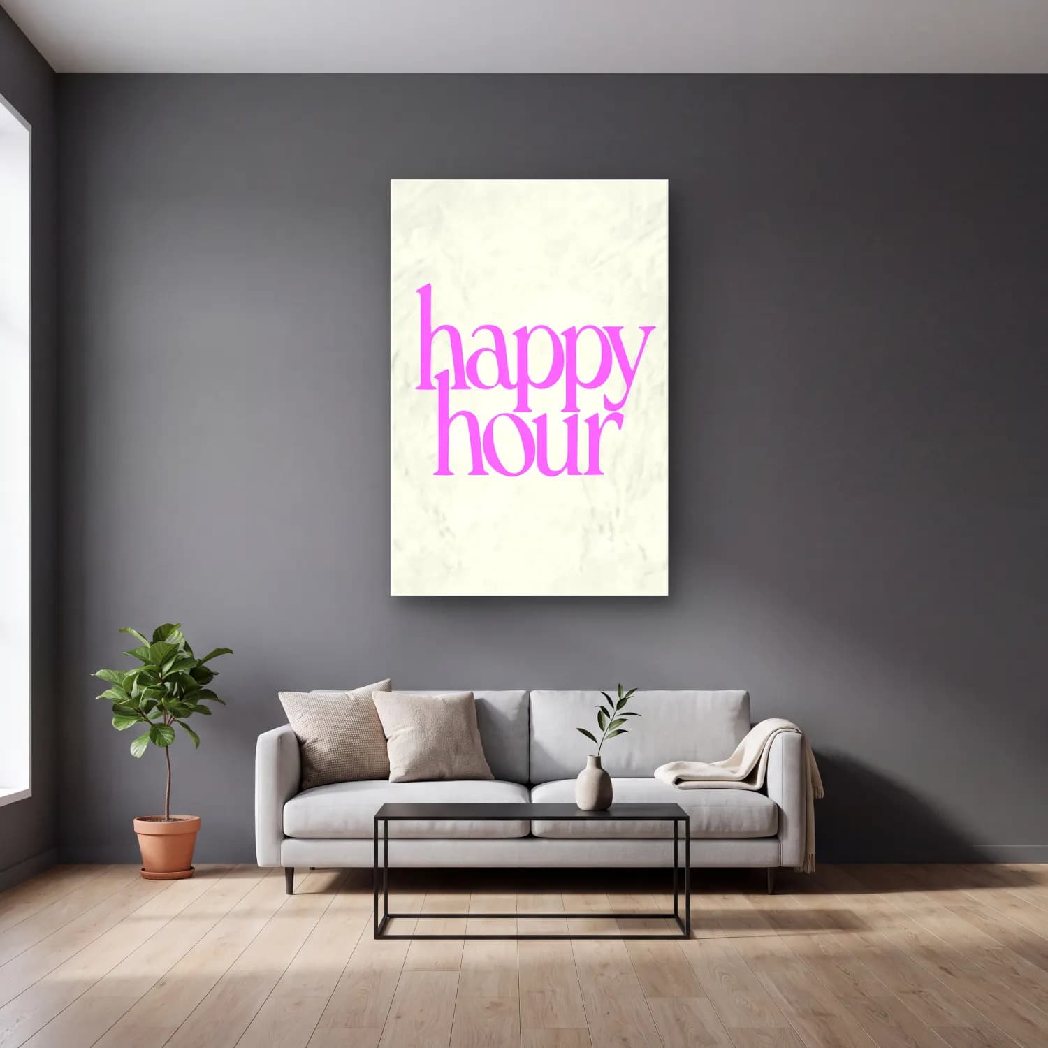 Pastel Kokteyl No. 27 cam tablo — gri duvarlı salonda