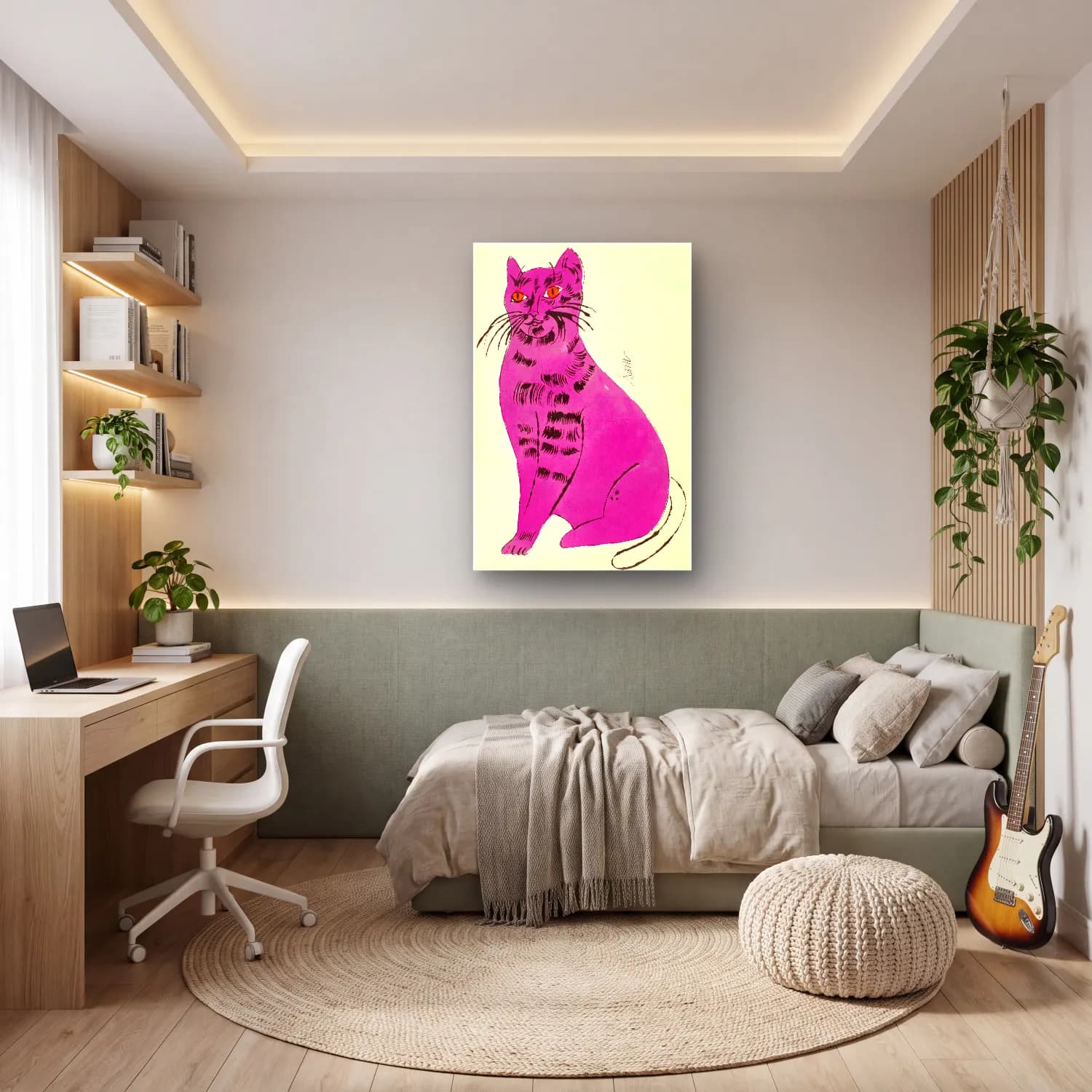Vintage Kedi No. 19 cam tablo — genç odasında