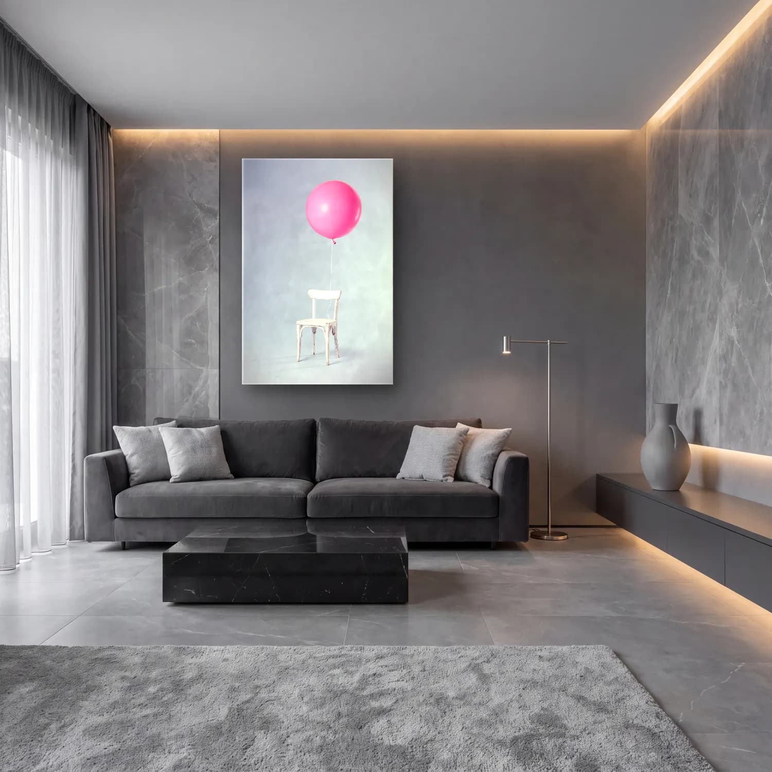 Pastel Sıcak Hava Balonu No. 6 cam tablo — lüks salon duvarında