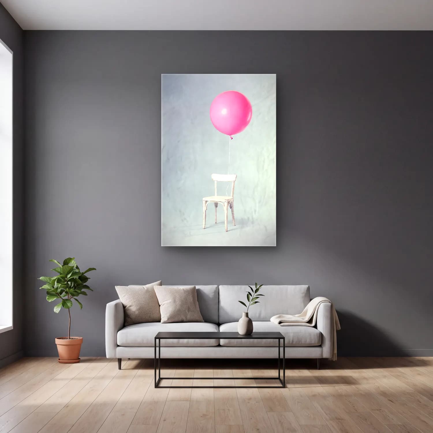 Pastel Sıcak Hava Balonu No. 6 cam tablo — gri duvarlı salonda