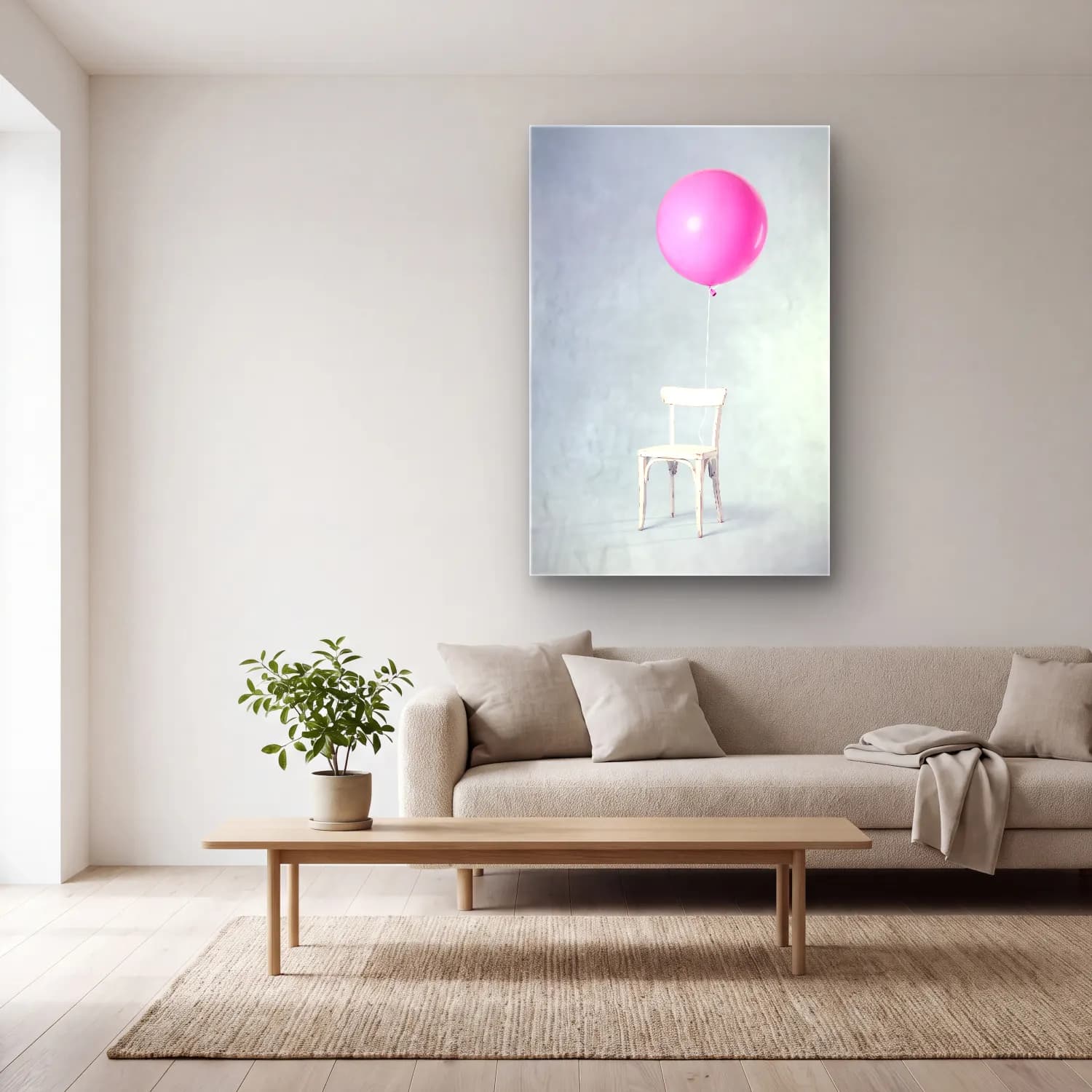 Pastel Sıcak Hava Balonu No. 6 cam tablo — açık renk salonda