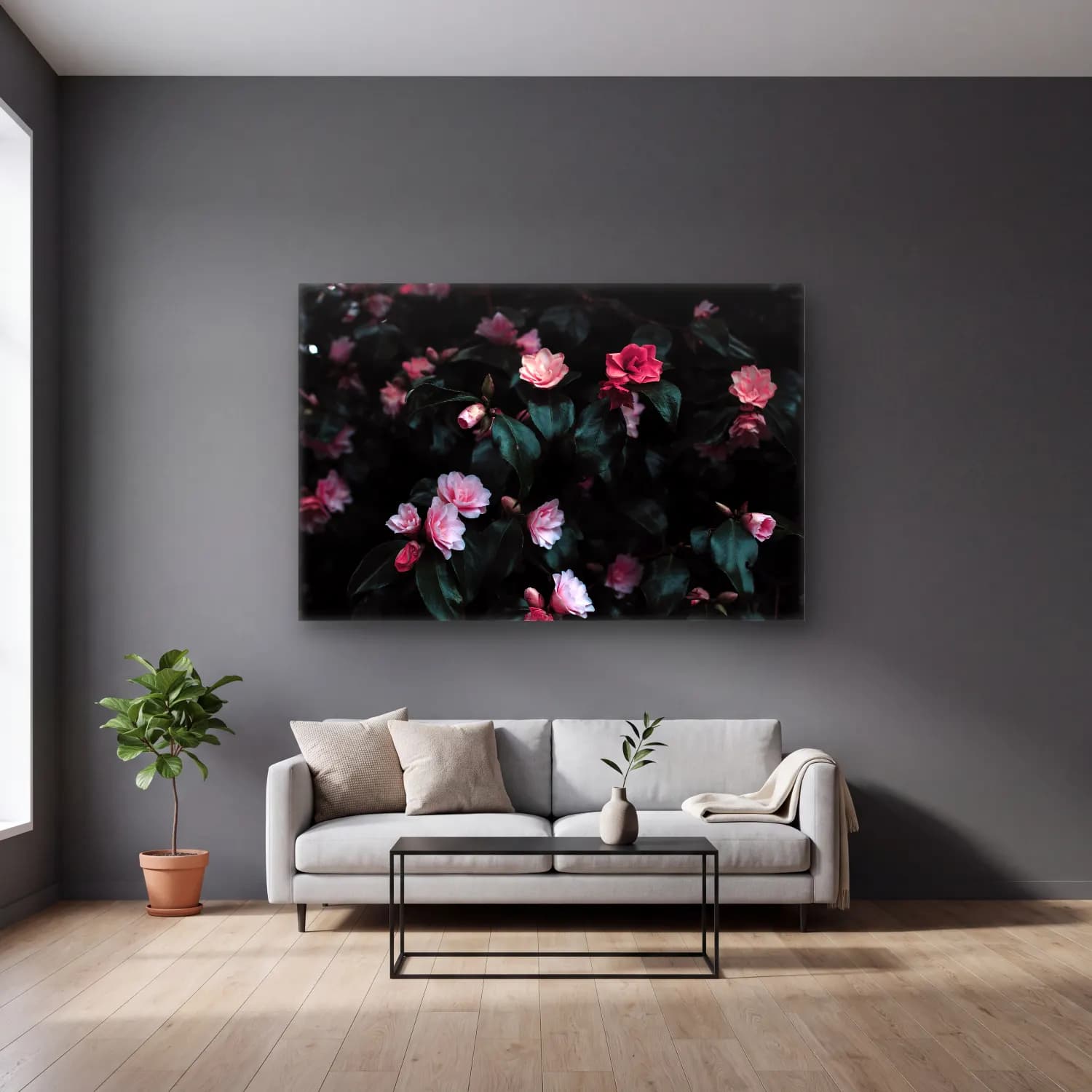 Pastel Manolya No. 8 cam tablo — gri duvarlı salonda