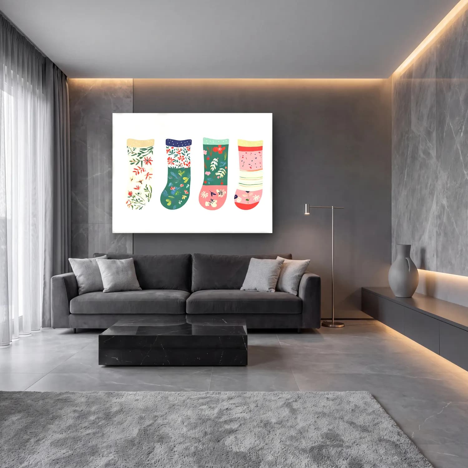 Pastel Çiçek Deseni No. 206 cam tablo — lüks salon duvarında