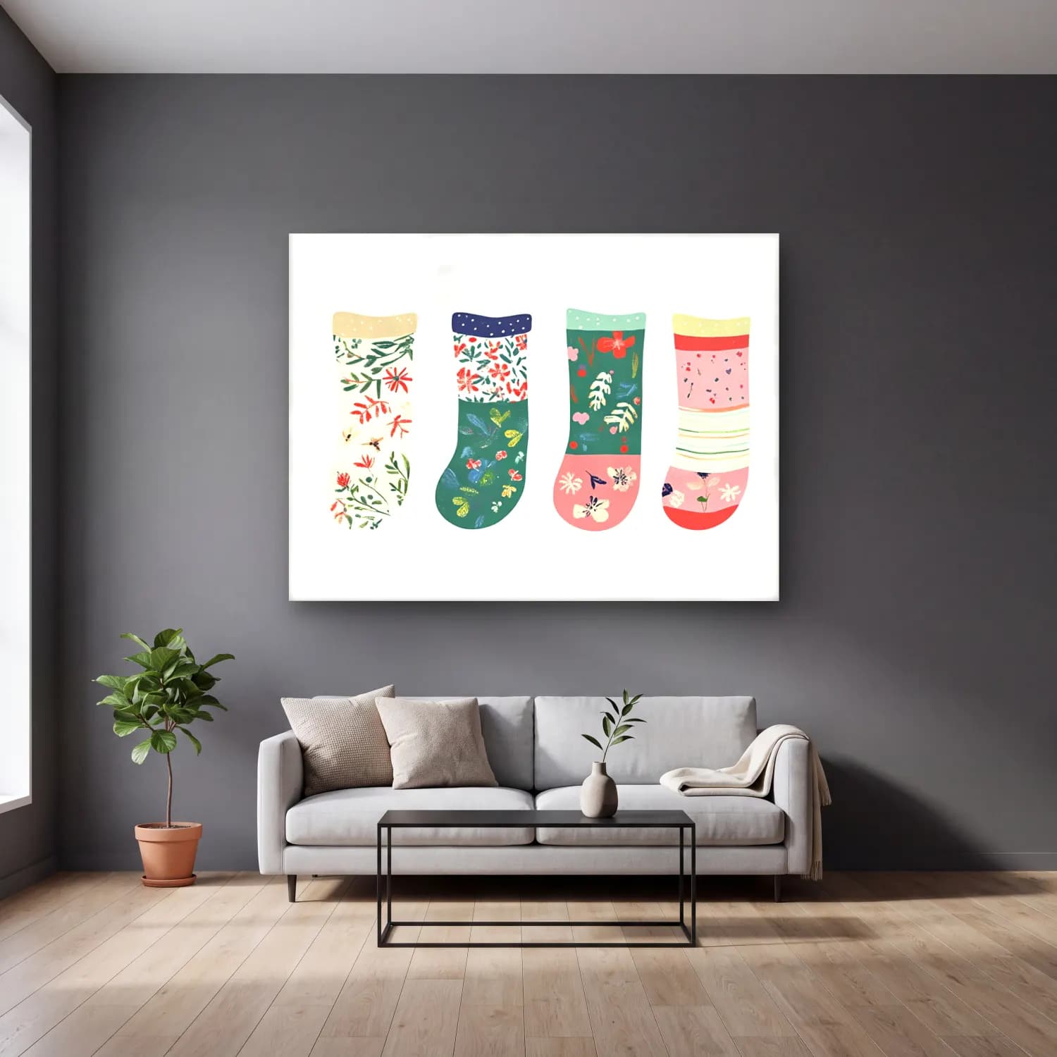 Pastel Çiçek Deseni No. 206 cam tablo — gri duvarlı salonda