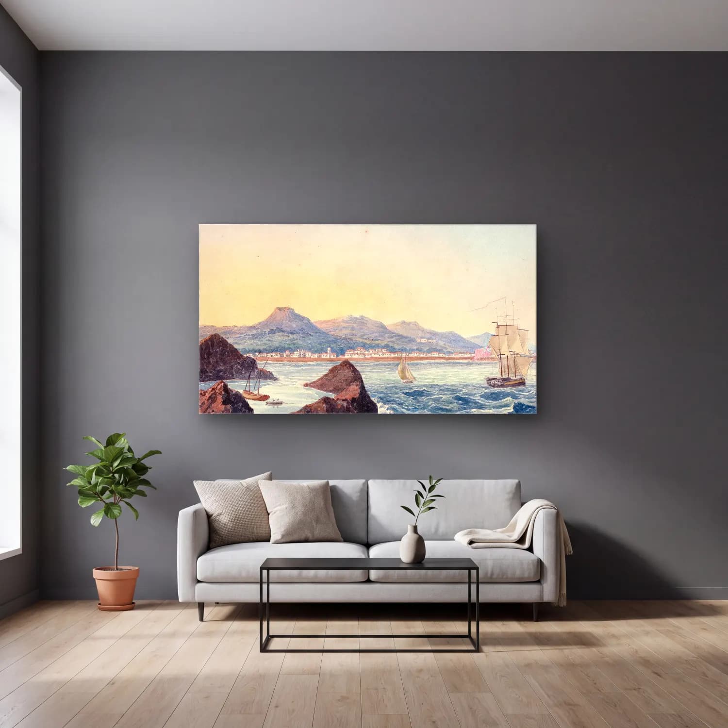 Charles Hamilton Smith – Villa Franca and Harbour cam tablo — gri duvarlı salonda