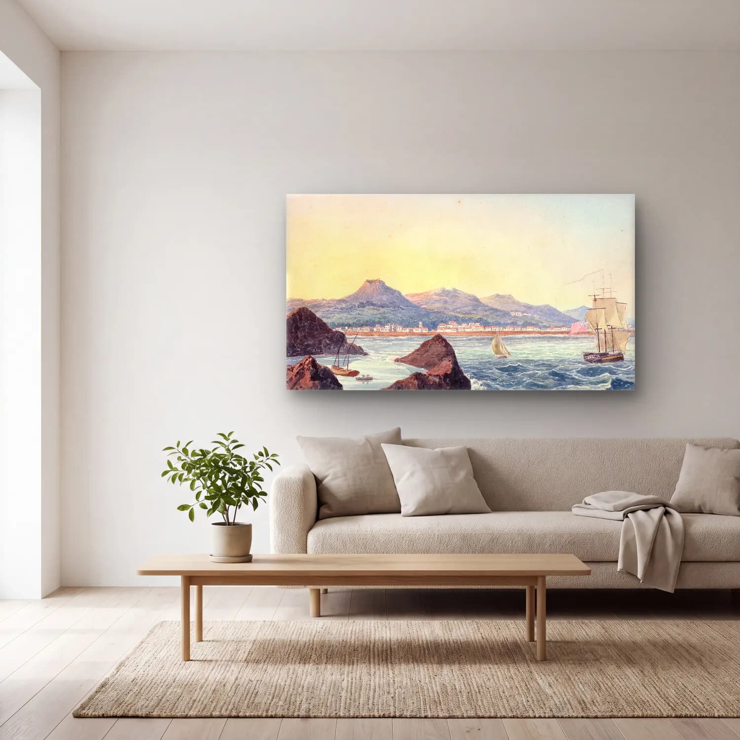 Charles Hamilton Smith – Villa Franca and Harbour cam tablo — açık renk salonda