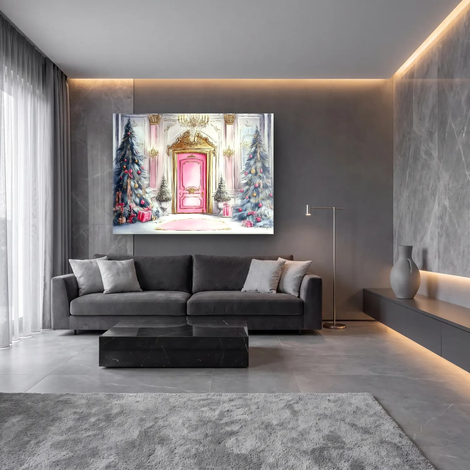 Pastel Kapı No. 3 cam tablo — lüks salon duvarında