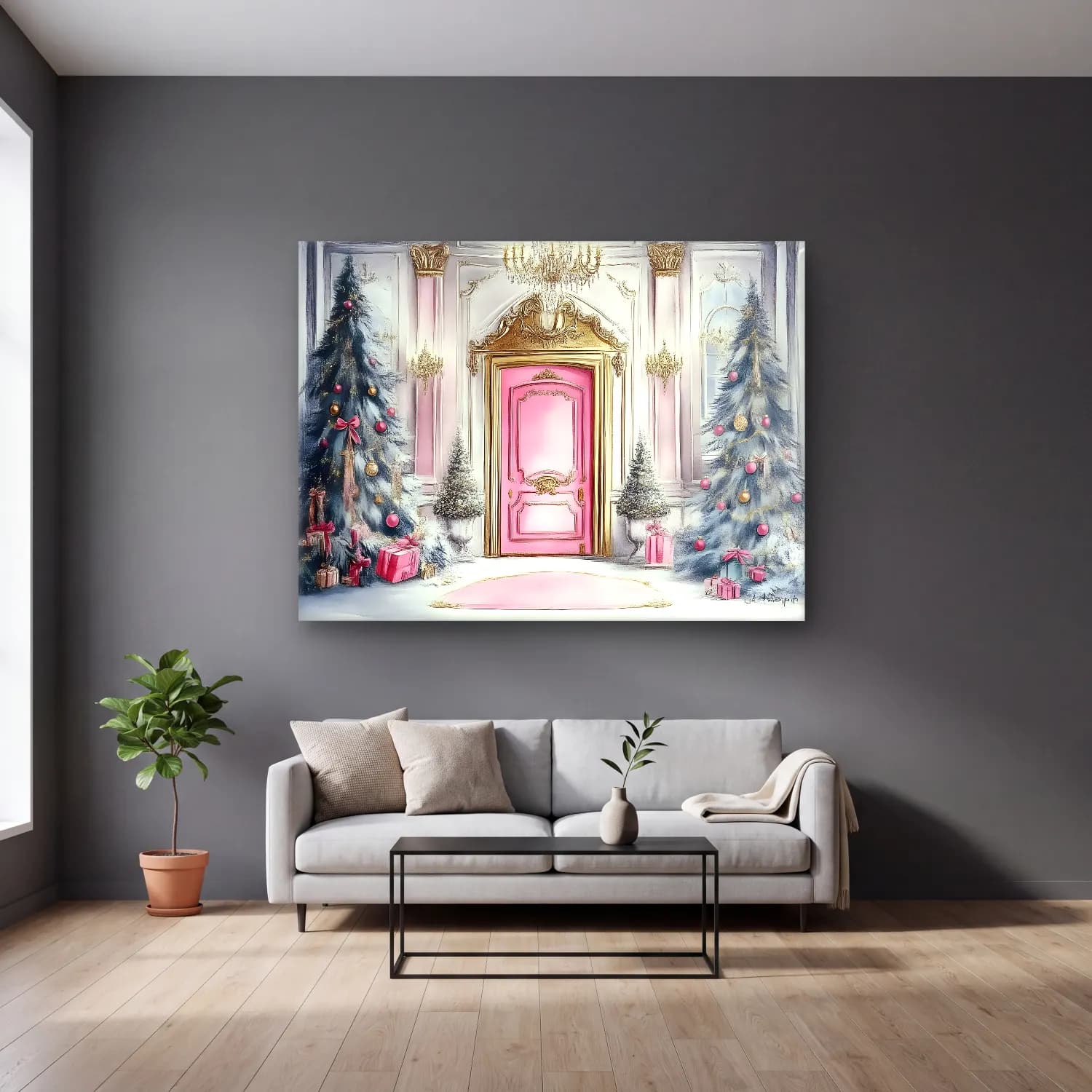 Pastel Kapı No. 3 cam tablo — gri duvarlı salonda