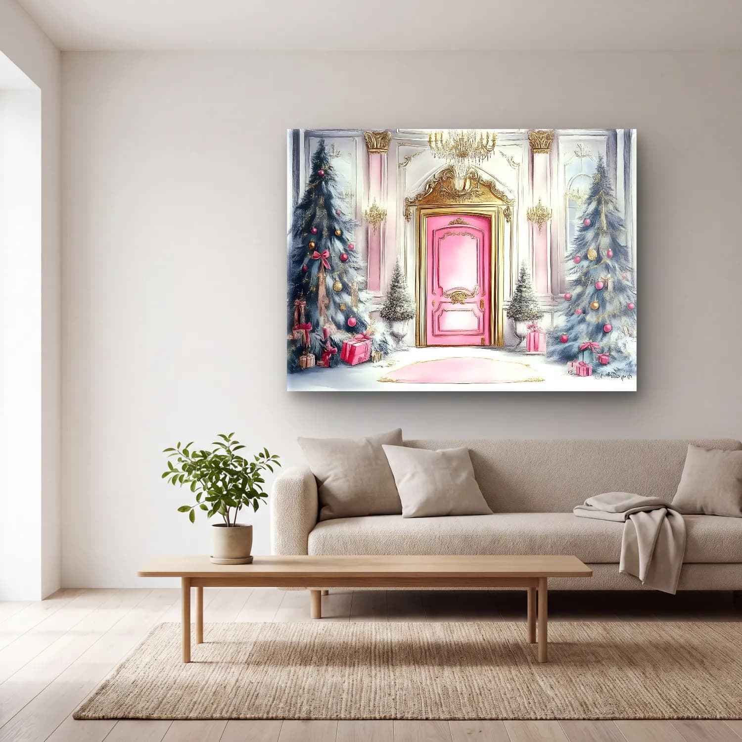 Pastel Kapı No. 3 cam tablo — açık renk salonda