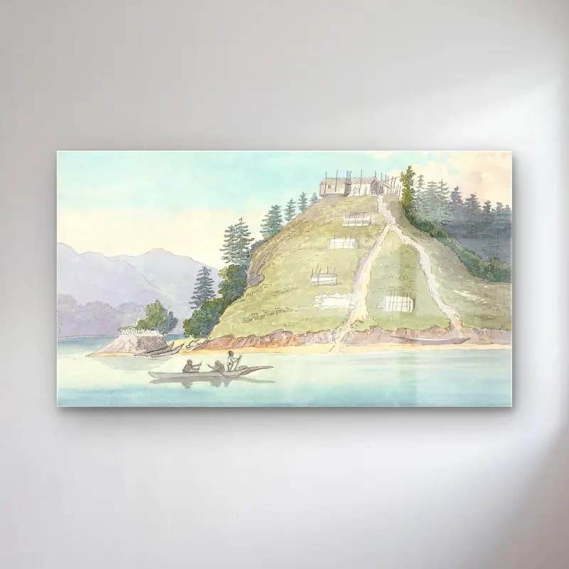 Charles Hamilton Smith – Village of Friendly Indians at the Entrance of Buter Canal… cam tablo — Charles Hamilton Smith – Village of Friendly Indians at the Entrance of Buter Canal… — suluboya göl ve dağlar