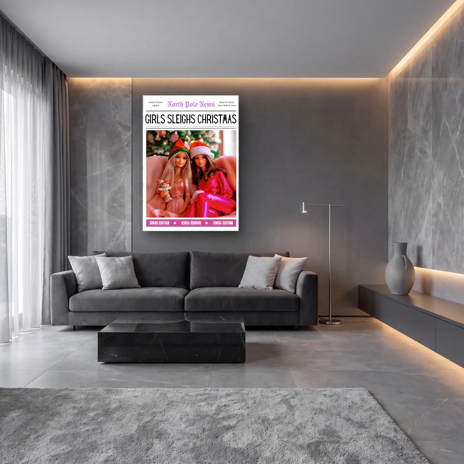 Pastel Yılbaşı Süsleri No. 34 cam tablo — lüks salon duvarında
