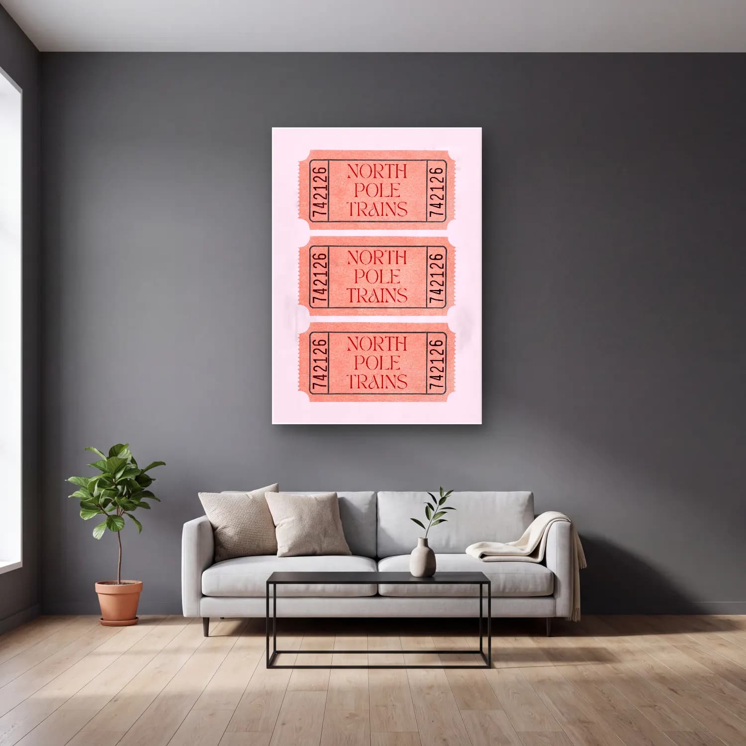 Pastel Tren – Pembe Tonlar cam tablo — gri duvarlı salonda