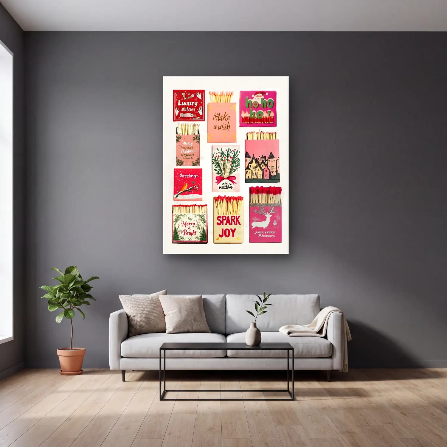 Pastel Yılbaşı Süsleri No. 36 cam tablo — gri duvarlı salonda