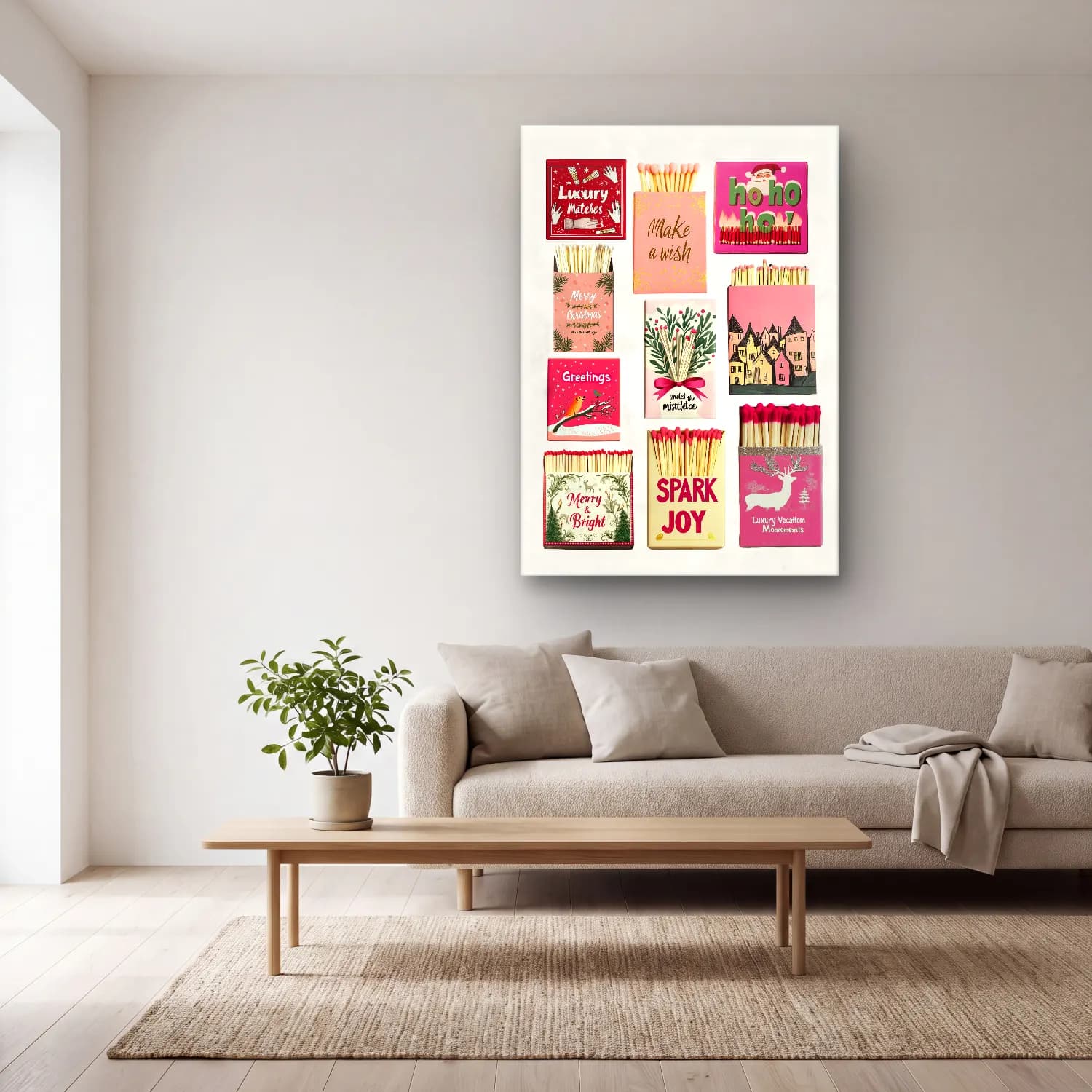 Pastel Yılbaşı Süsleri No. 36 cam tablo — açık renk salonda
