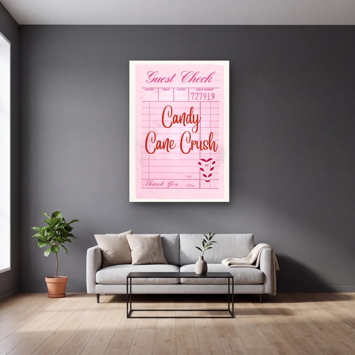 Pastel Yazılı Tasarım No. 76 cam tablo — gri duvarlı salonda