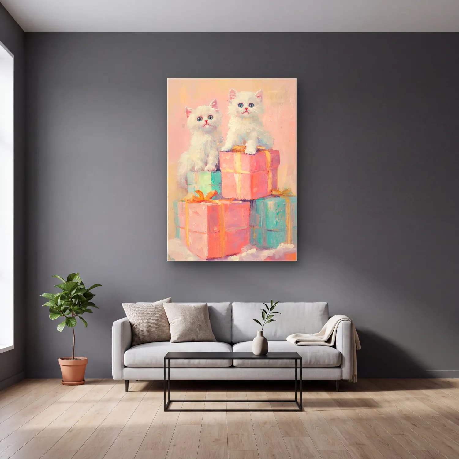 Pastel Hediye Paketleri No. 12 cam tablo — gri duvarlı salonda