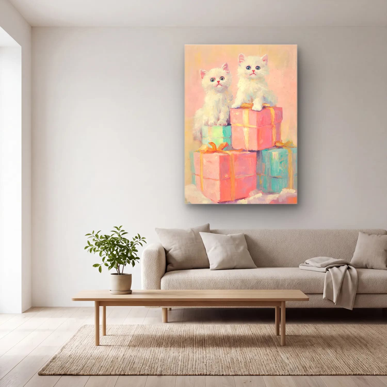 Pastel Hediye Paketleri No. 12 cam tablo — açık renk salonda