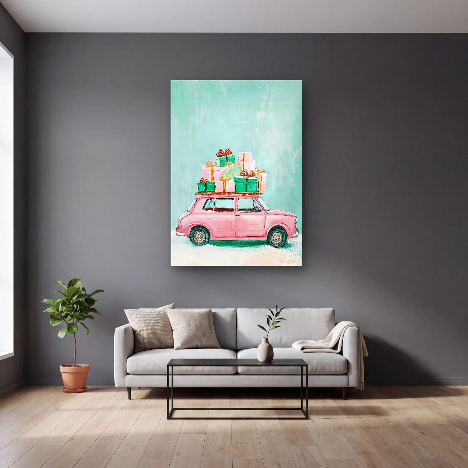 Vintage Hediye Paketleri – Pembe Tonlar cam tablo — gri duvarlı salonda