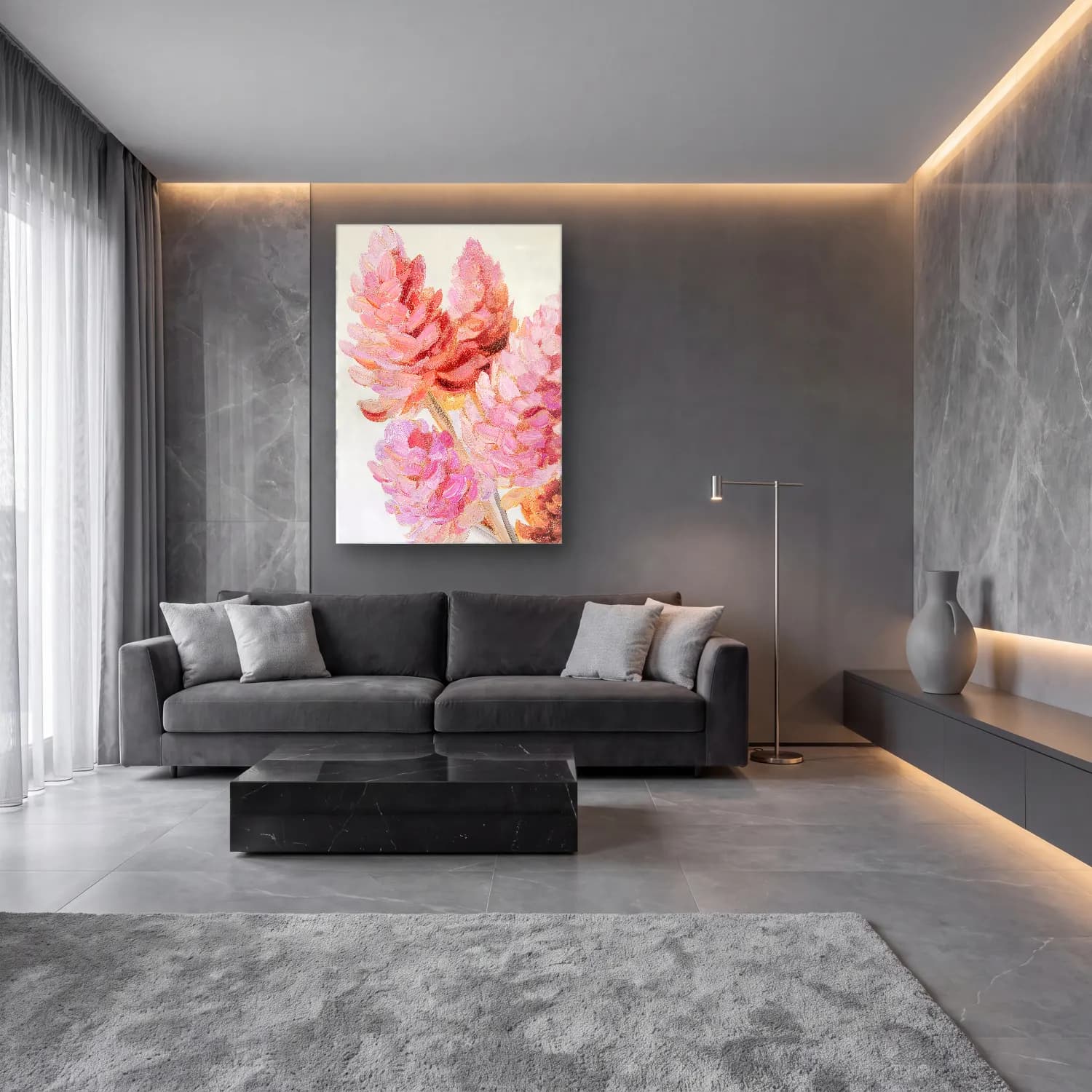 Pastel Pembe Şakayıklar No. 13 cam tablo — lüks salon duvarında