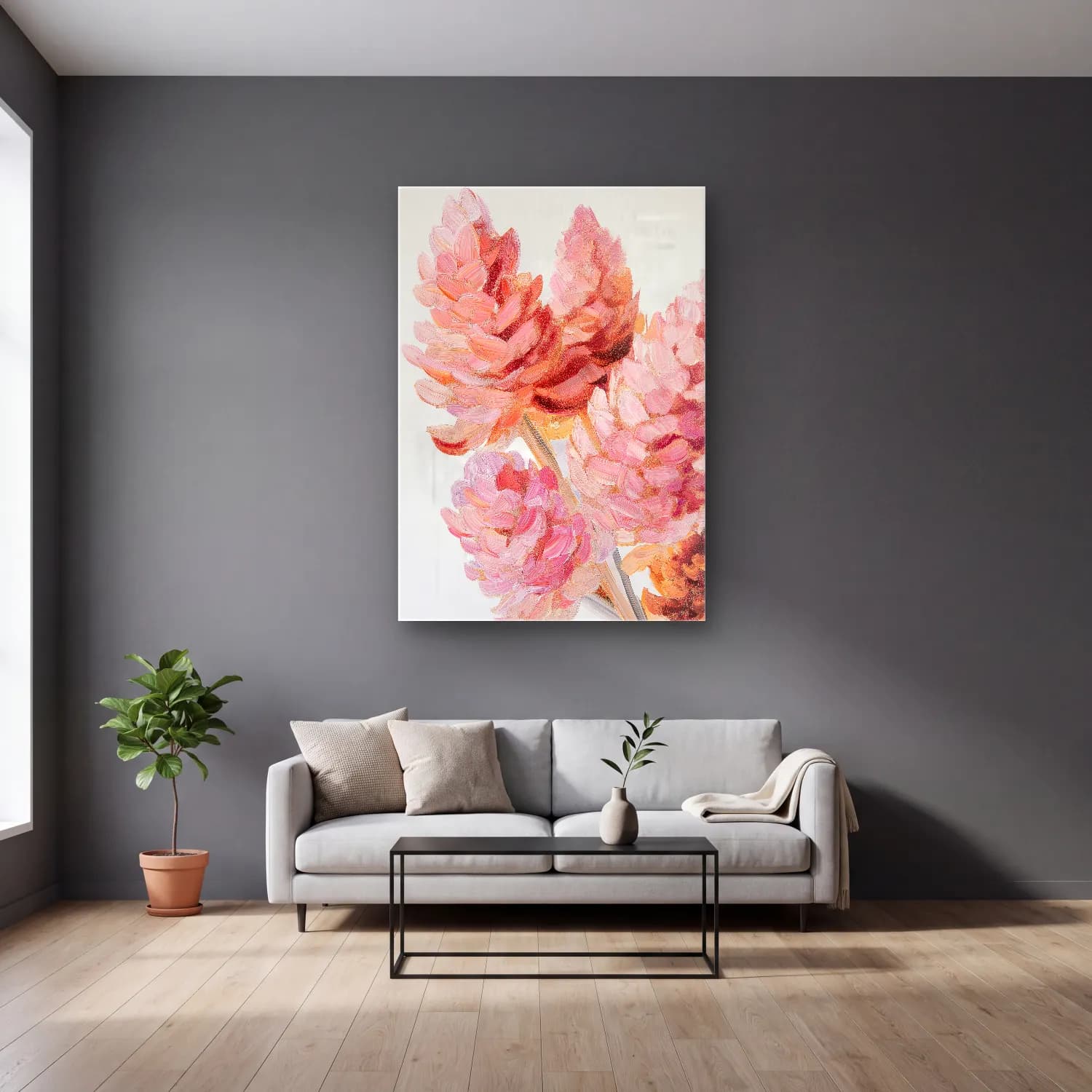 Pastel Pembe Şakayıklar No. 13 cam tablo — gri duvarlı salonda
