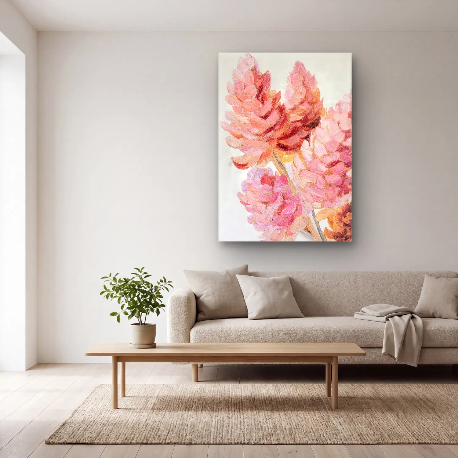 Pastel Pembe Şakayıklar No. 13 cam tablo — açık renk salonda