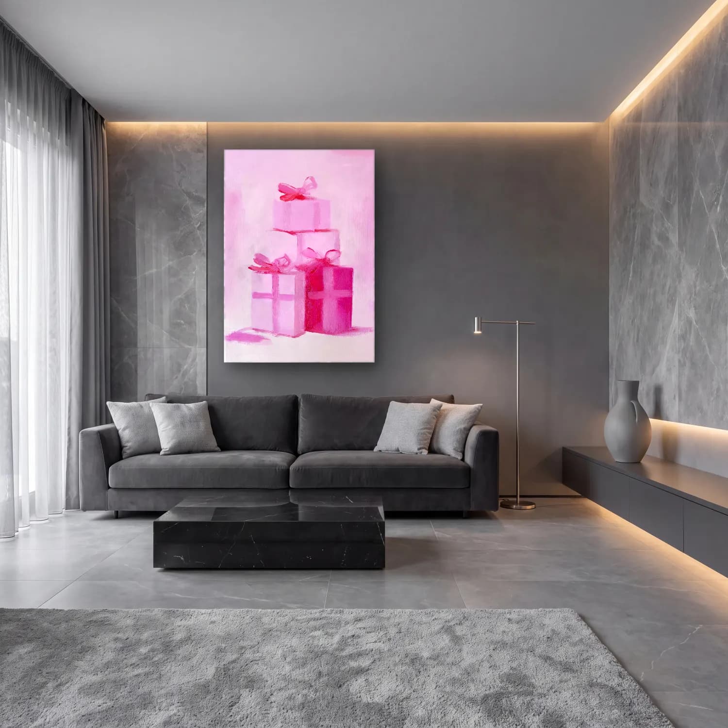 Pastel Hediye Paketleri No. 13 cam tablo — lüks salon duvarında