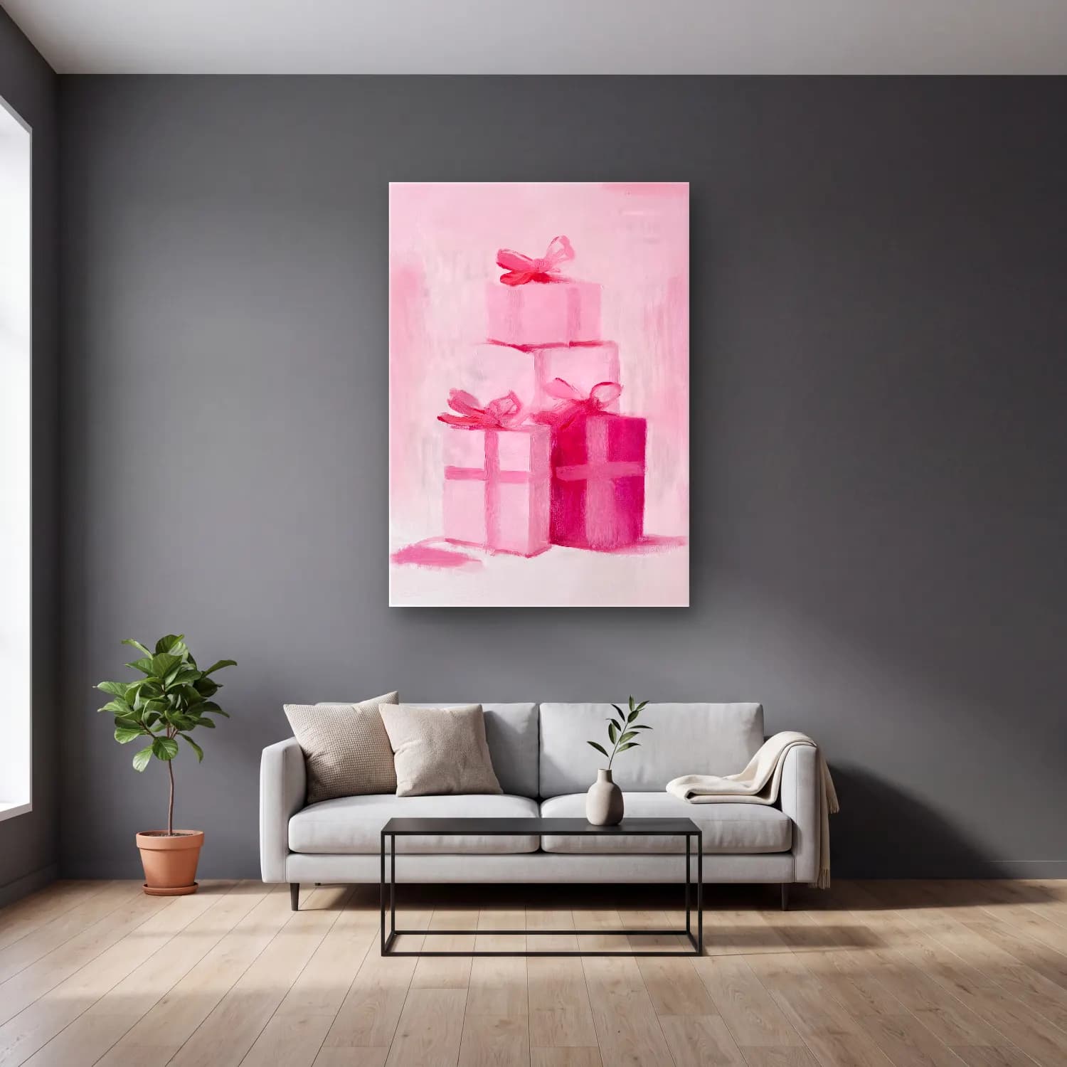 Pastel Hediye Paketleri No. 13 cam tablo — gri duvarlı salonda