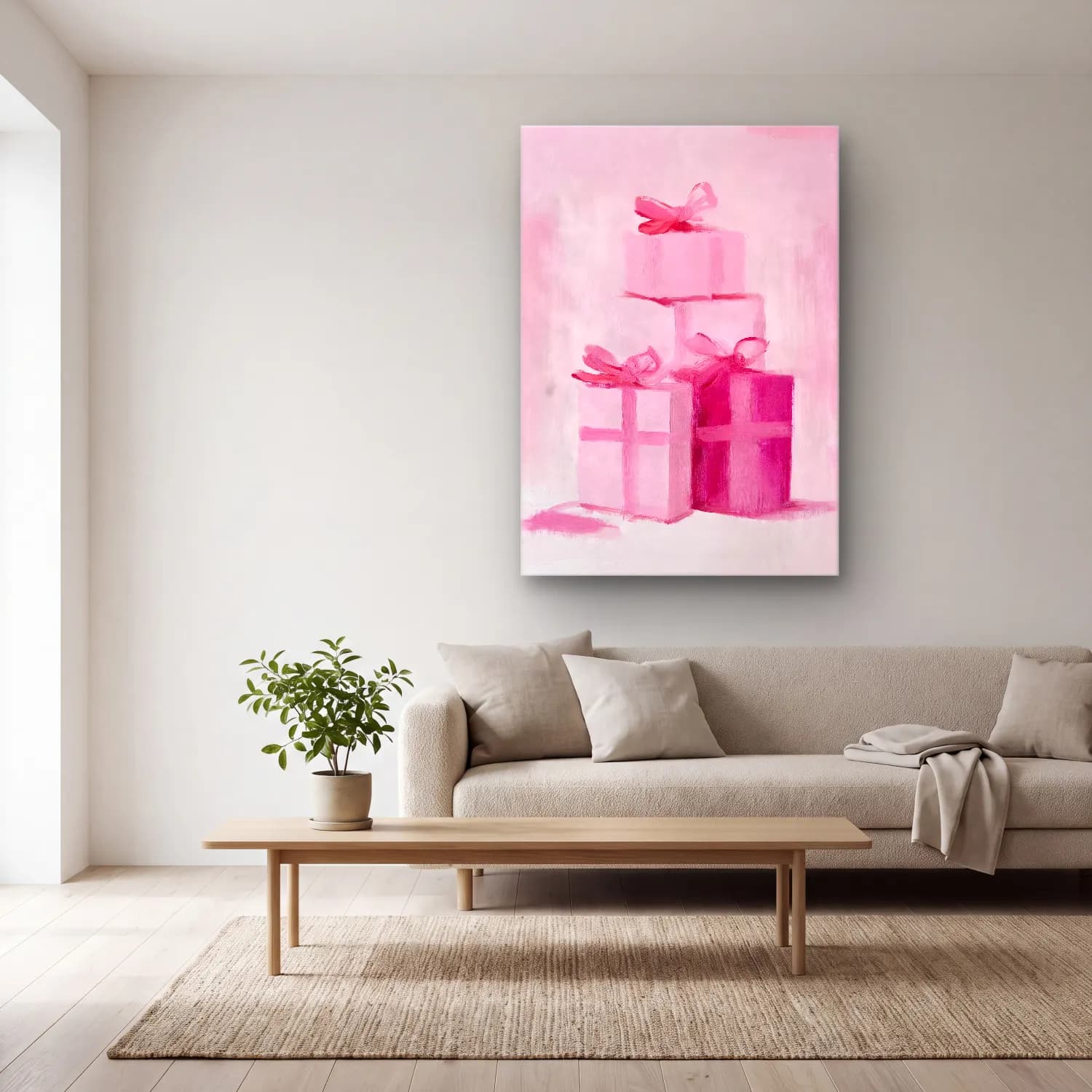 Pastel Hediye Paketleri No. 13 cam tablo — açık renk salonda