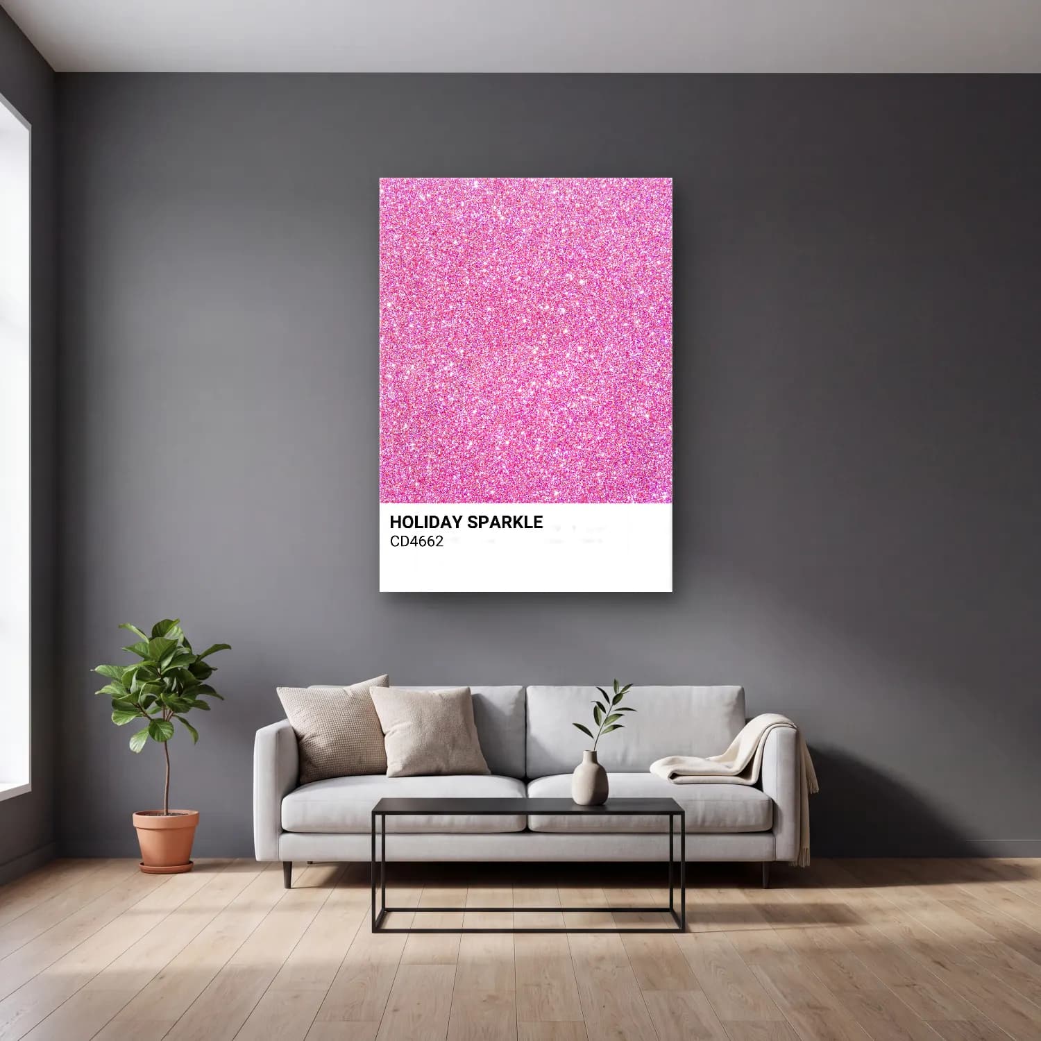 Pastel Altın Doku No. 6 cam tablo — gri duvarlı salonda