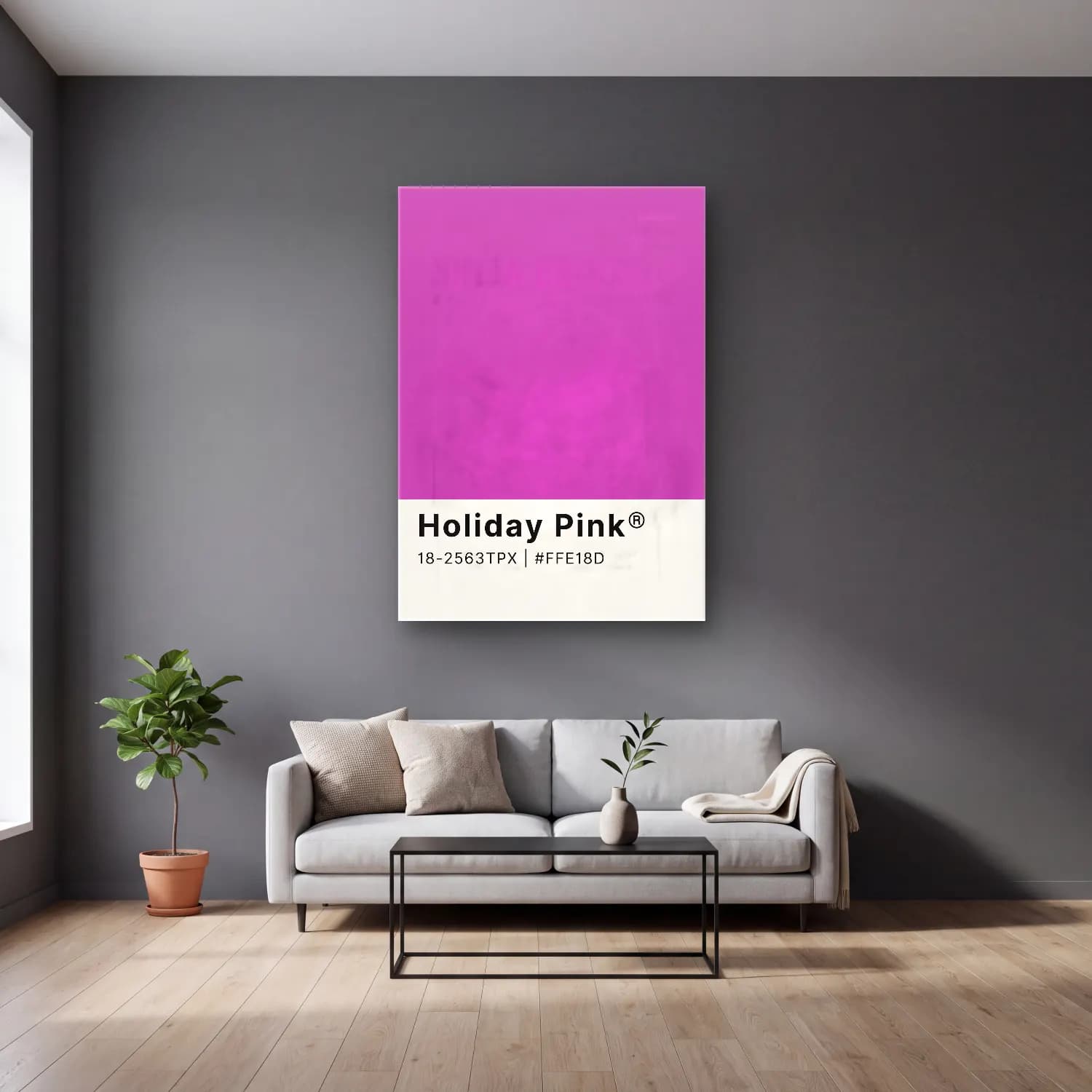 Pastel Renk Alanları No. 62 cam tablo — gri duvarlı salonda