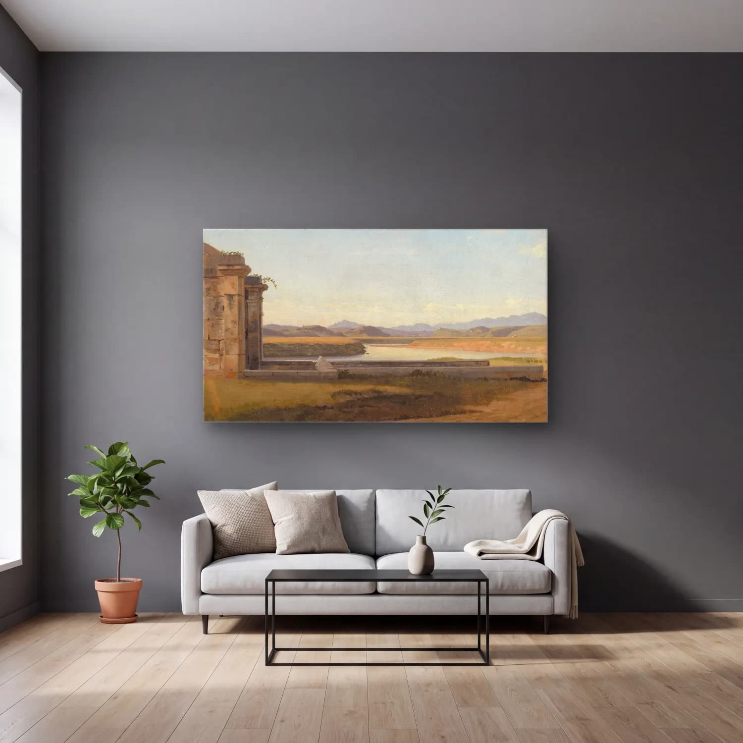 Christoffer Wilhelm Eckersberg – View from the Fontana Acetosa, Rome cam tablo — gri duvarlı salonda