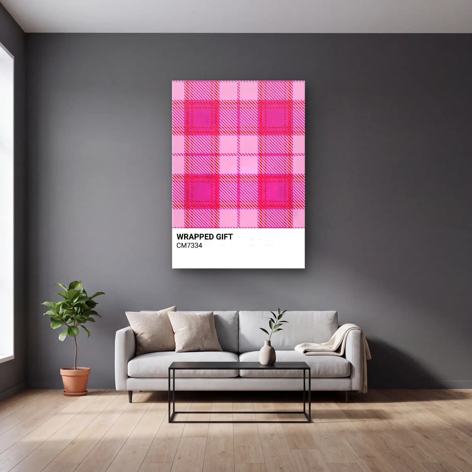 Pastel Dama Deseni No. 16 cam tablo — gri duvarlı salonda