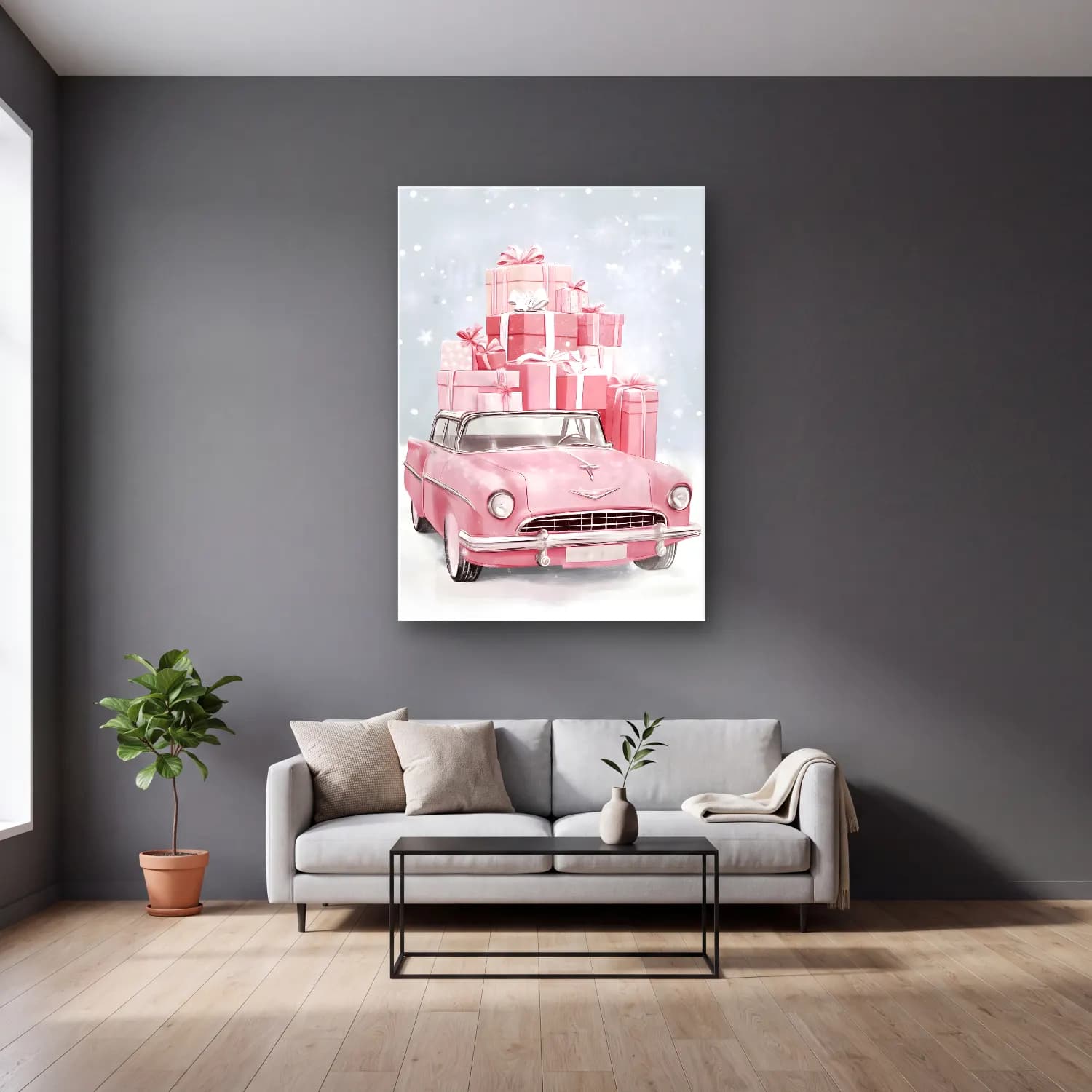 Pastel Hediye Paketleri No. 14 cam tablo — gri duvarlı salonda