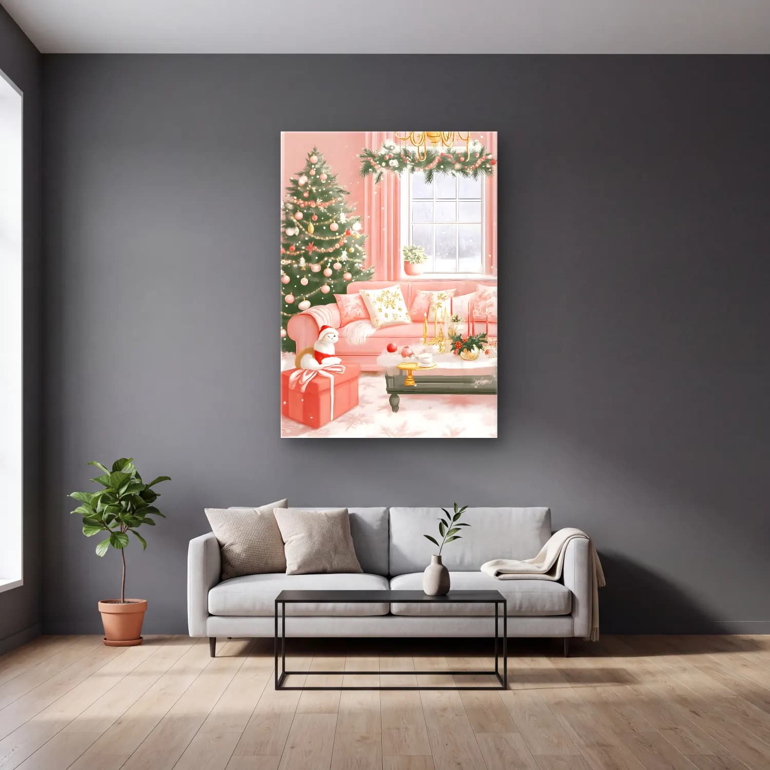 Pastel Yılbaşı Süsleri No. 39 cam tablo — gri duvarlı salonda