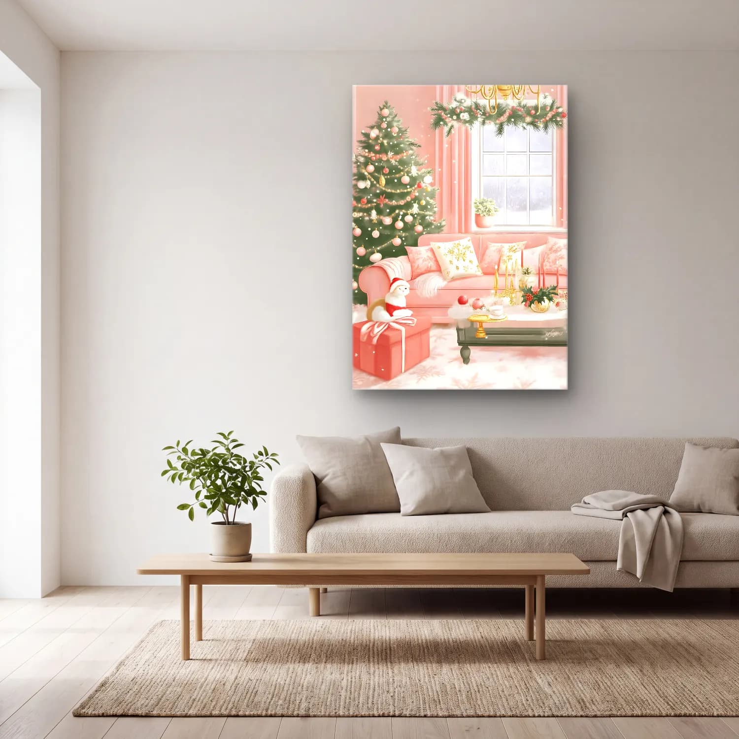 Pastel Yılbaşı Süsleri No. 39 cam tablo — açık renk salonda